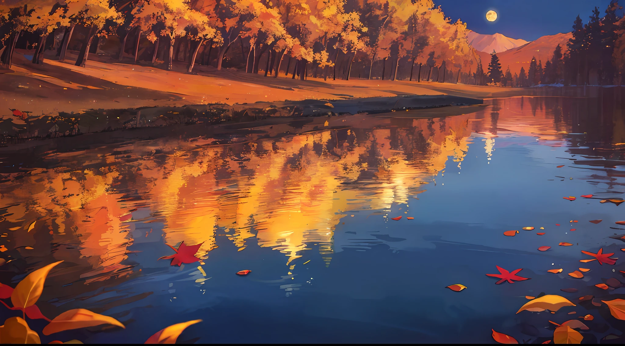 Masterpiece, best quality, depth of field, night, sky, moon, glow, lake, hills, autumn, willow, fallen leaves