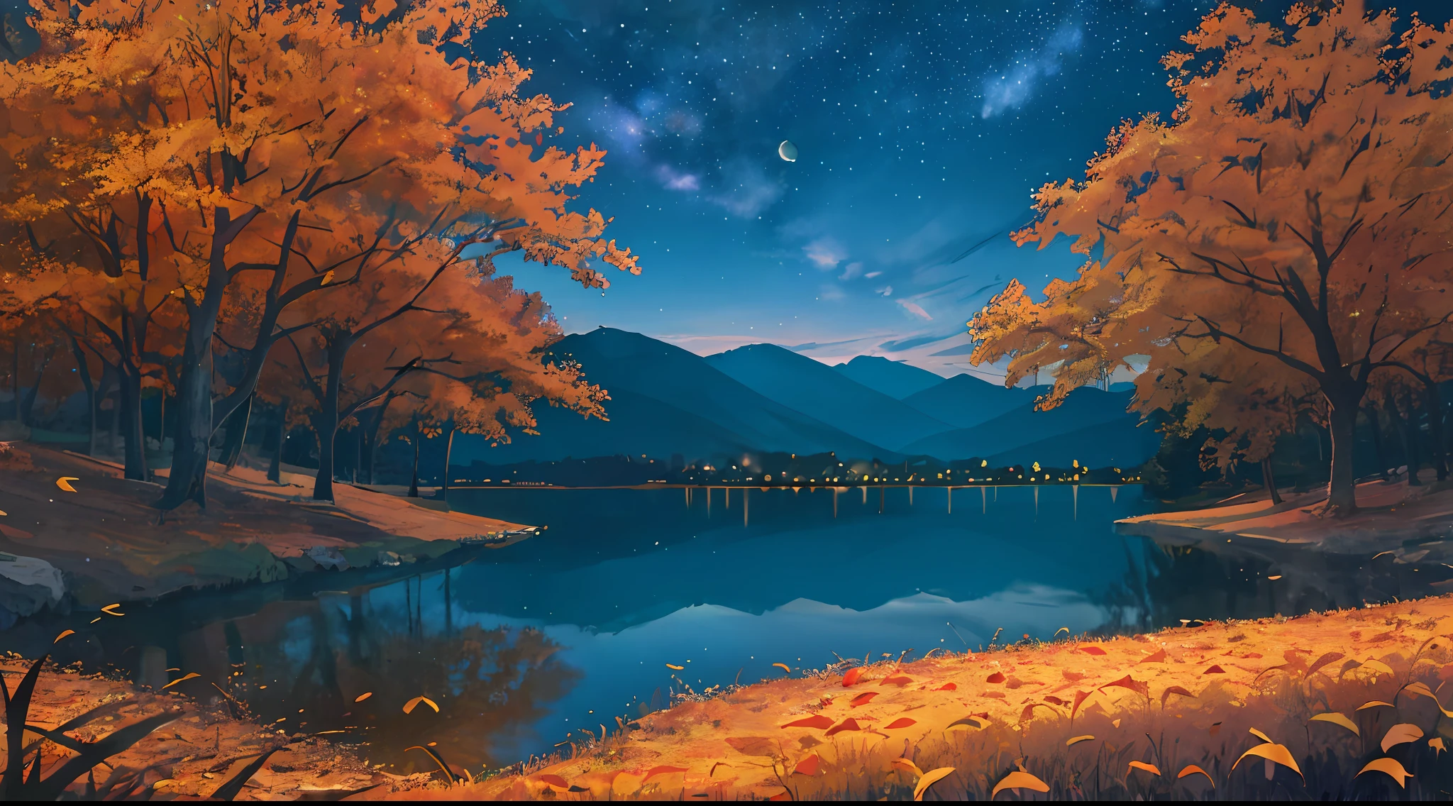 Masterpiece, best quality, depth of field, night, sky, moon, glow, lake, hills, autumn, willow, fallen leaves