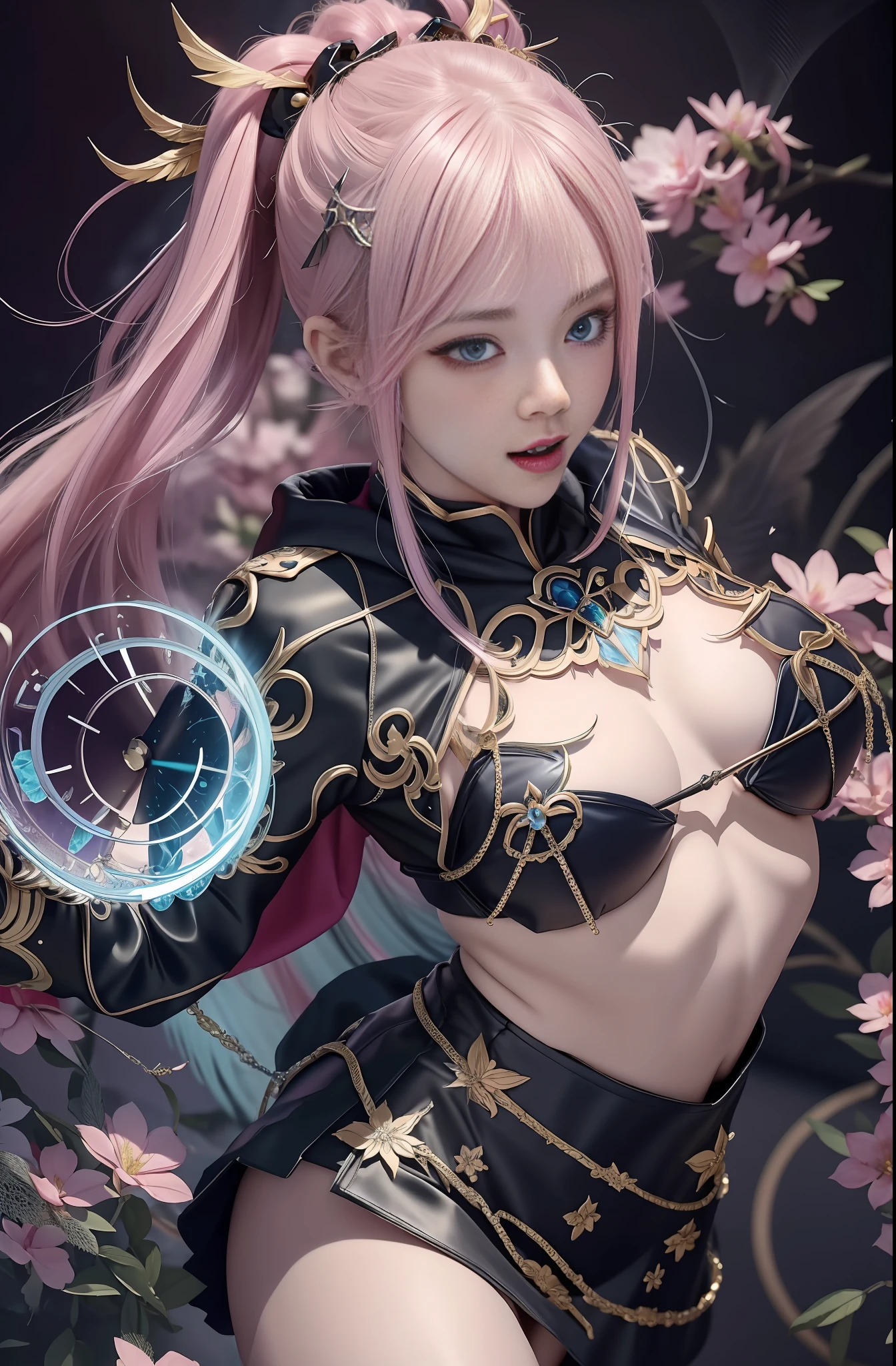 Masterpiece, top quality, pink hair, blue lightning, realistic, realistic details, high detail. Blue clothes. Blue Thunder. Blue crystal. Black suspended particles. Black smoke. Black crystals around. Black smoke wafts around. Warping the body. Warping the body. Horn. Darkness. Ochi Yami Yugi. Laugh. Short hair.
1 girl, beauty, seductive face,, anicos_No 1,, short hair, navel, hoodie naked. Middle breast, long feather hair clip, blue hair ornament, thigh height,watch viewer,isekai,mini skirt、Ochi Yami 。 Temptation. Brainkill. Sexy pose. Pigtails. Keep your mouth wide open. Tattoo. Demon Tail. Drool. Wide open mouth. Drooling drips from the mouth. Gold pattern at chest. Painful look. Long velo. Long tongue. Luminescent tattoo. Luminescent tattoo. Close one’s eyes. Long eyelashes.