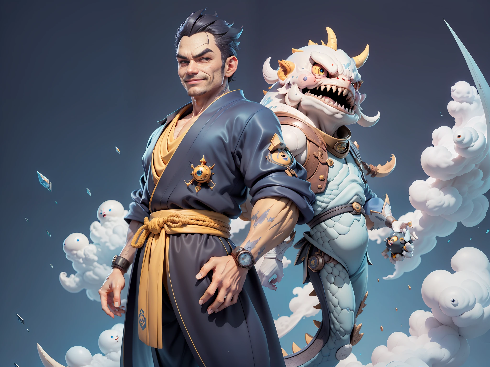 (Masterpiece), (Extreme Quality), (Super Meticulous), (Full Body: 1.2), Super Young Man, Oriental Face, Japanese Kimono, Background, Japanese Ascension Dragon, Cloud, Sky, Dragon, Tongue, Sky, Building, City, Blue Eyes, Open Mouth, Teeth, Horn, Glow, TV Anchor, Bust Portrait Illustration, Alone, Black Suit, Blue Tie, Slightly Chubby Face, Very Clean Face, No Beard, Black Super Short Hair, Black Eyes, Confident Smile, 3c Computer Sub-Products, iPad, iPhone, Digital painting, 3D character design by Akira Toriyama and Mark Claireden and Pixar and Hayao Miyazaki, the illustrations are HD illustrations in 4K resolution with very detailed facial features and cartoon-style visuals.
