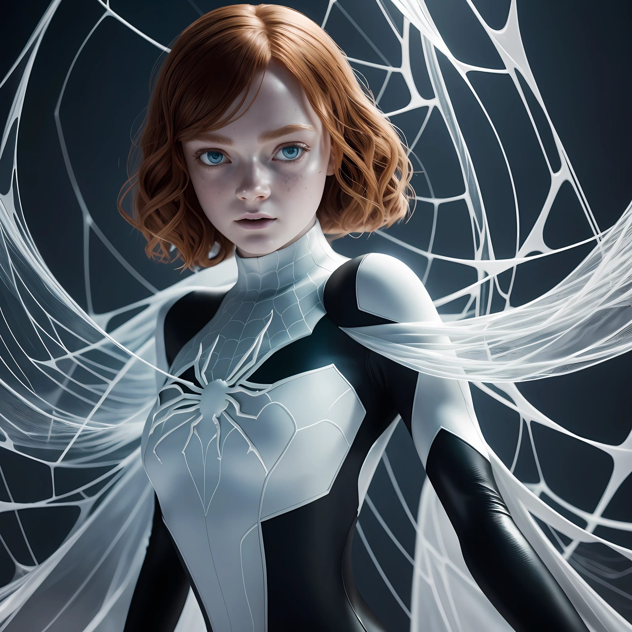 SADIE SINK Ghost Spider, Gwen in a black outfit with spider in the center of her chest in white, organic looking outfit, gooey forehead, symbiote, white eyes, fine art,(8k) cinematic screenshot, highly detailed detailed cinematic rendering, ultra photorealistic raytricing, with cinematic lighting --auto --s2