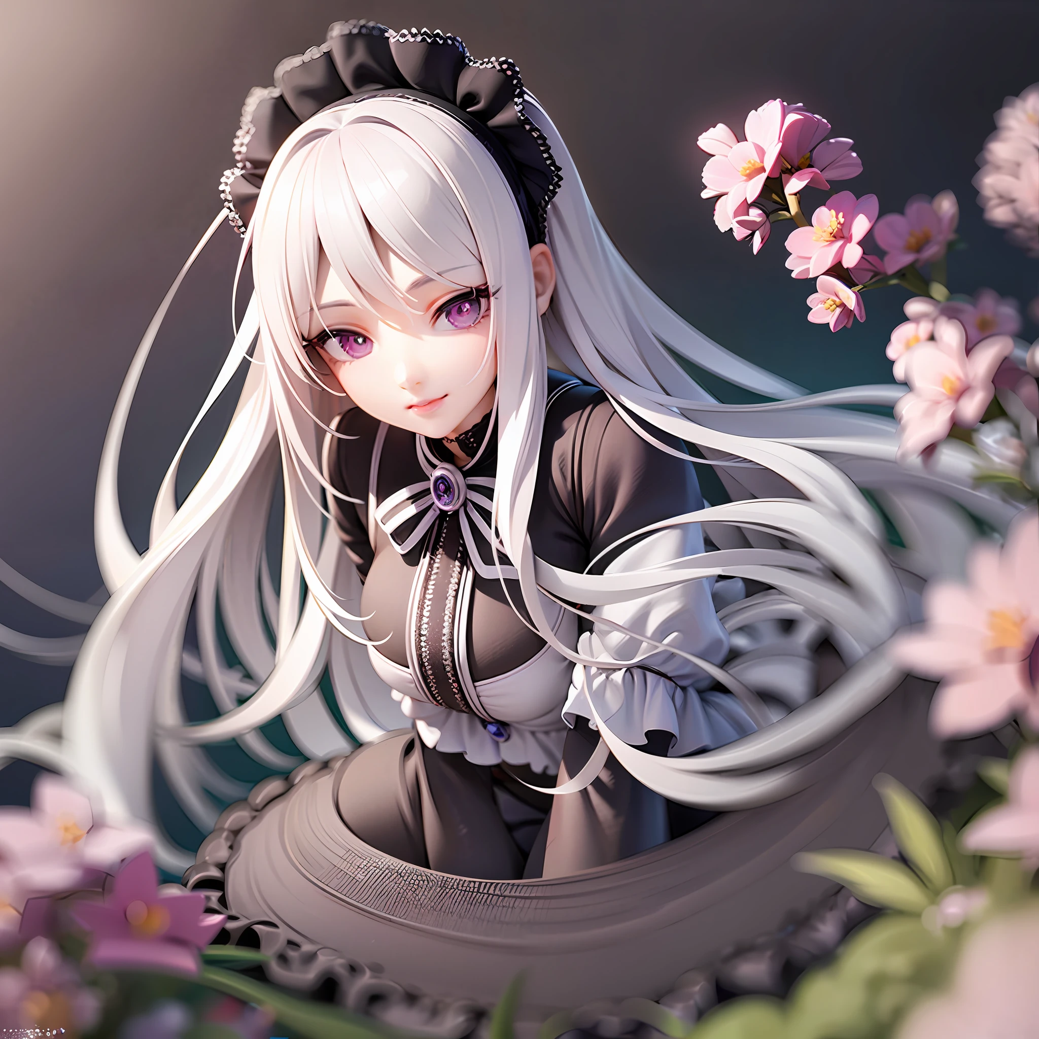White Hair, Gothic ta, Purple Eyes, Straight Long Hair,1girl, on grass, sunlight,beautiful eye,full body, chibi, [realistic], [3d], smile, closed mouth,(8k, RAW photo, best quality, masterpiece:1.2), ultra high res, (((realistic, photo-realistic))), professional lighting, detailed lighting, professional photography, fisheye, dynamic angle, high quality, high res, extremely detailed, bloom,depth of field, sketch, sharp focus, soft lighting, good composition, god light highlight, detailed, (((photorealistic details))), detailed skin, to8contrast style