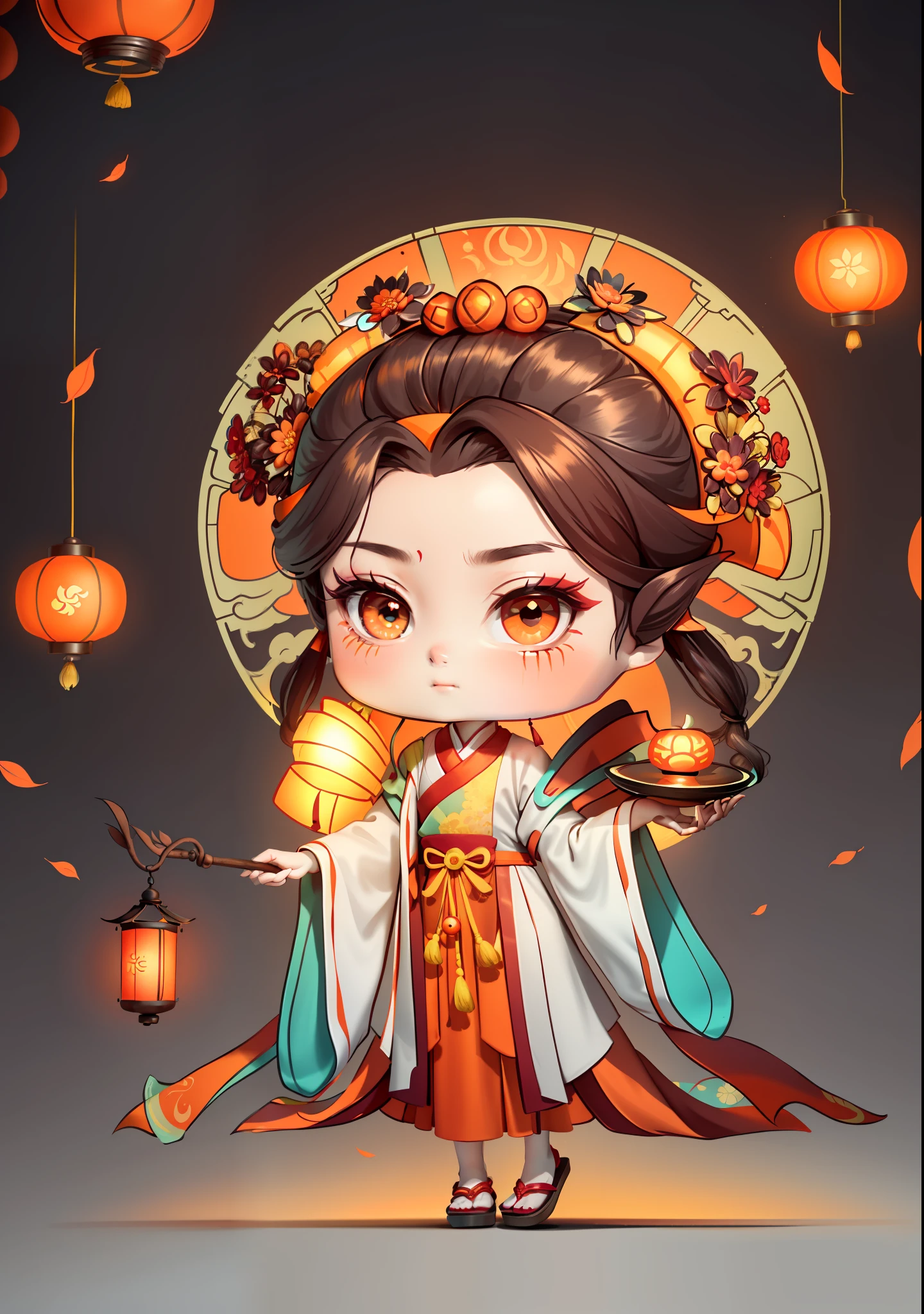 A Chinese girl in Hanfu, holding a lantern in one hand, dragging mooncakes with the other, autumn, Mid-Autumn Festival, mooncakes, dark brown hair, ancient Chinese hair bun, pattern, orange-red skirt, cyan-orange color matching, osmanthus flowers on both sides of the hair, some metal flower headdresses, bright color blocks, bright colors, line art, infinite details, fine painting, exquisite portrayal, blank background 8k,