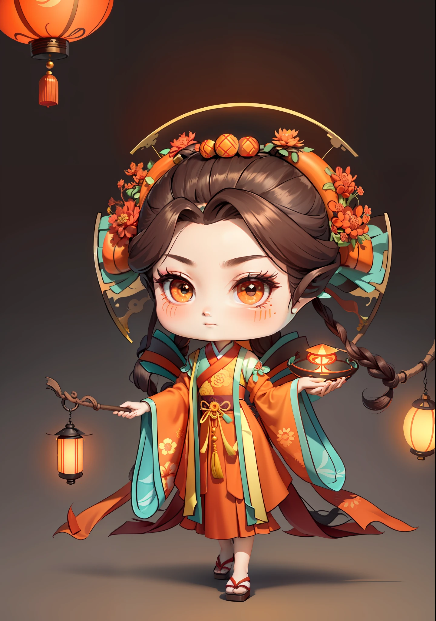 A Chinese girl in Hanfu, holding a lantern in one hand, dragging mooncakes with the other, autumn, Mid-Autumn Festival, mooncakes, dark brown hair, ancient Chinese hair bun, pattern, orange-red skirt, cyan-orange color matching, osmanthus flowers on both sides of the hair, some metal flower headdresses, bright color blocks, bright colors, line art, infinite details, fine painting, exquisite portrayal, blank background 8k,