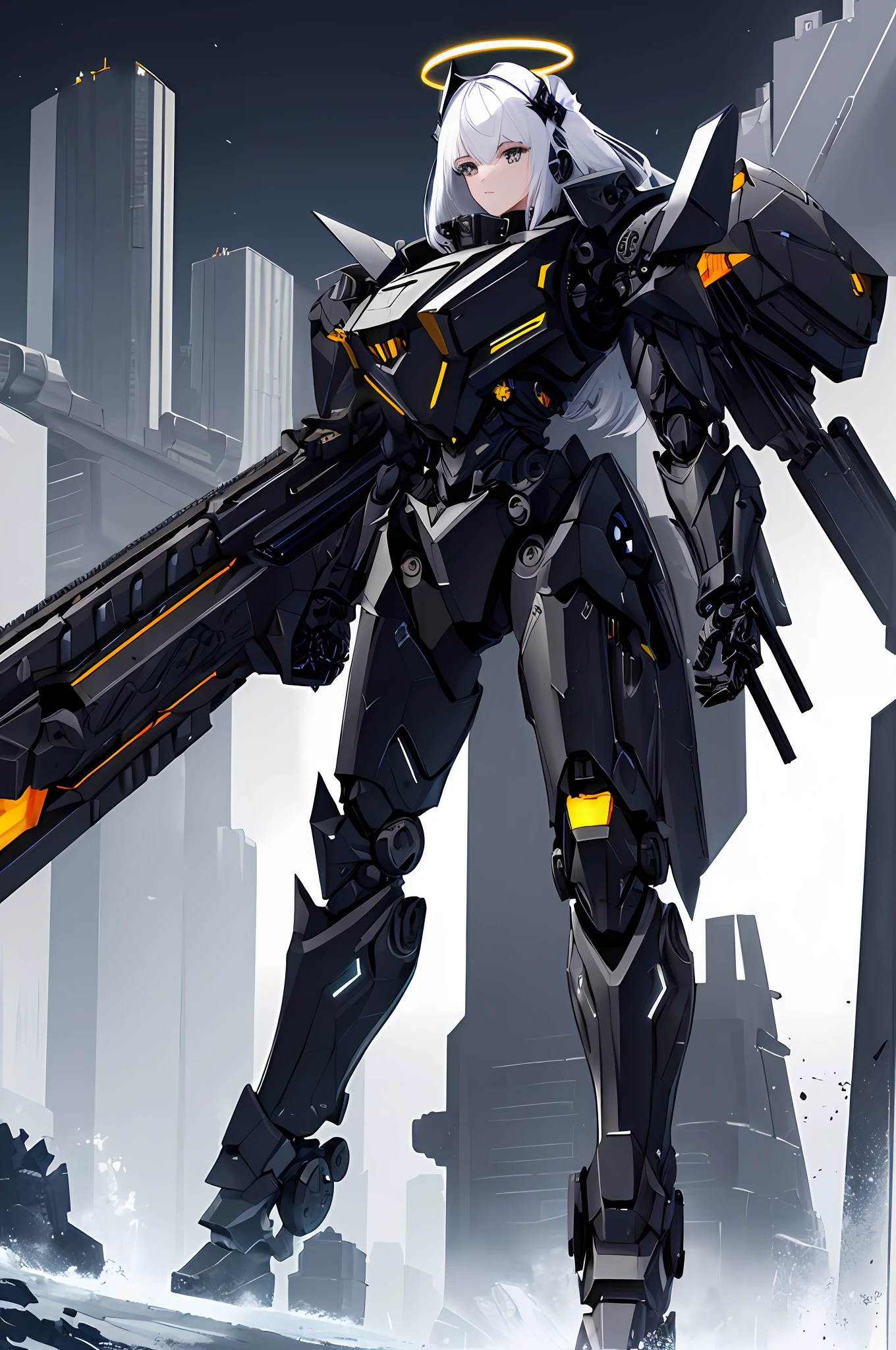 Top quality, masterpiece, highly detailed 8k wallpaper, female robot, mechanical joint limbs, the whole body is covered with heavy mechanical armor, connected cables, tubes connecting the body, long white hair, huge armor on both shoulders, huge thrusters on the hips, open stance, depiction from knees to head, floating mechanical fortress, (Sharp-angled headgear on both sides of the head:1.2), (Mechanical Giant Black Halo: 1.2), backpack weapon, Black Giant Weapon, Black Giant Canon, Black Giant Laser Rifle, Mechanical Nuclear Giant Rifle,