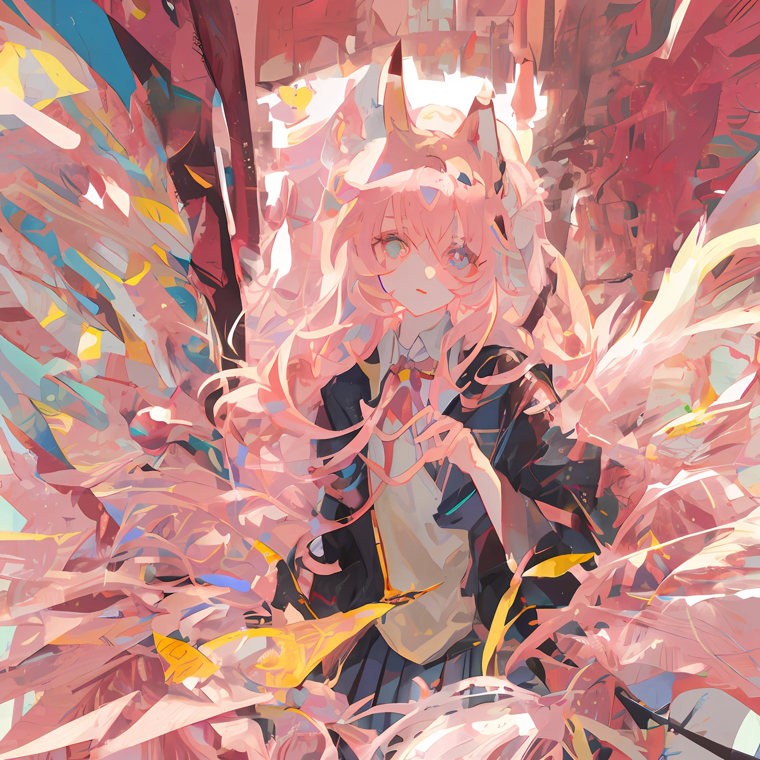 1girl, fox ears and (animal ear hair), fox tail, solo, pink hair, pleated skirt, (detail face, detail eyes: 1.3), delicate eyes, chest, heart-shaped pupils,