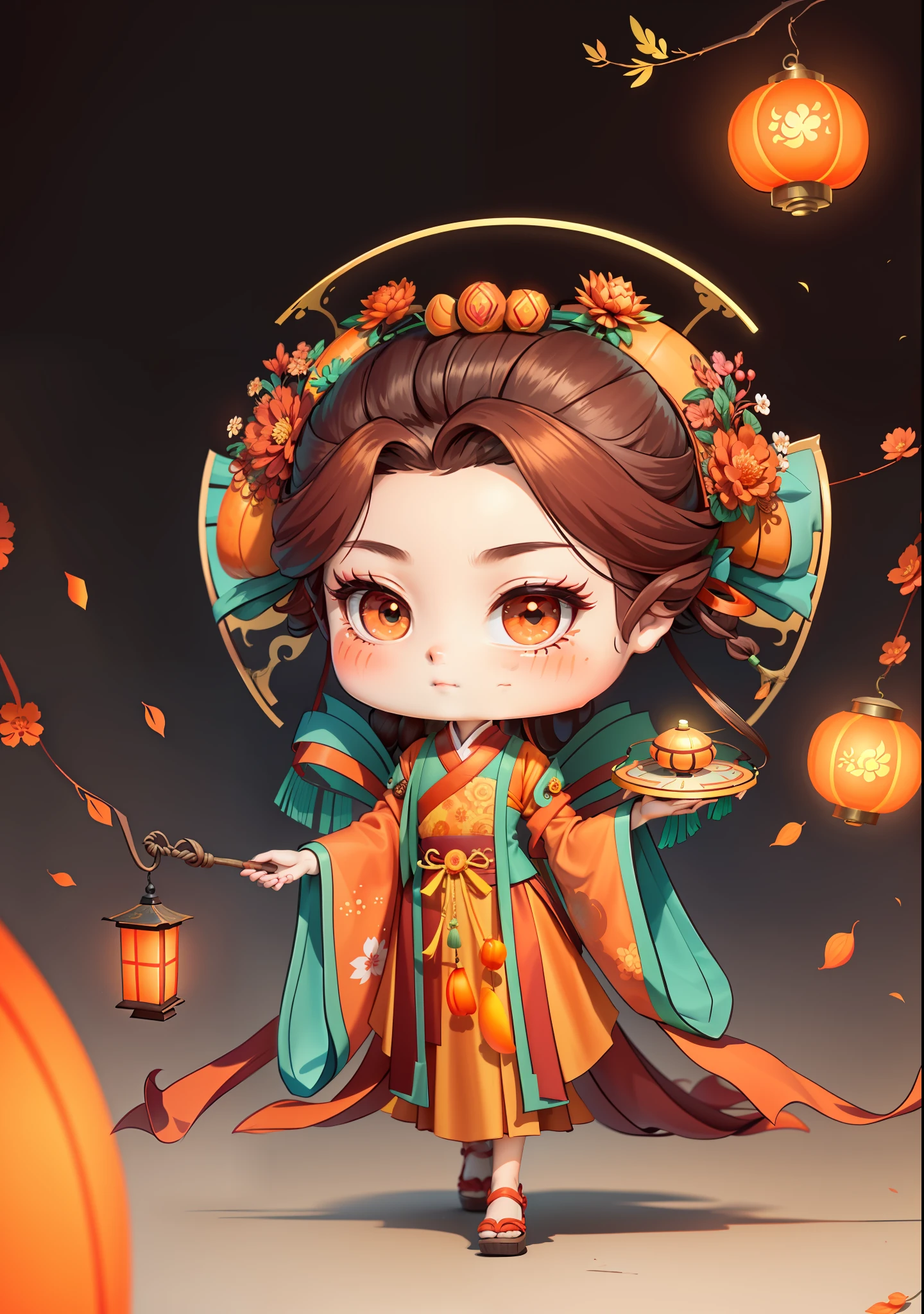 A Chinese girl in Hanfu, holding a lantern in one hand, dragging mooncakes with the other, autumn, Mid-Autumn Festival, mooncakes, dark brown hair, ancient Chinese hair bun, pattern, orange-red skirt, cyan-orange color matching, osmanthus flowers on both sides of the hair, some metal flower headdresses, bright color blocks, bright colors, line art, infinite details, fine painting, exquisite portrayal, blank background 8k,