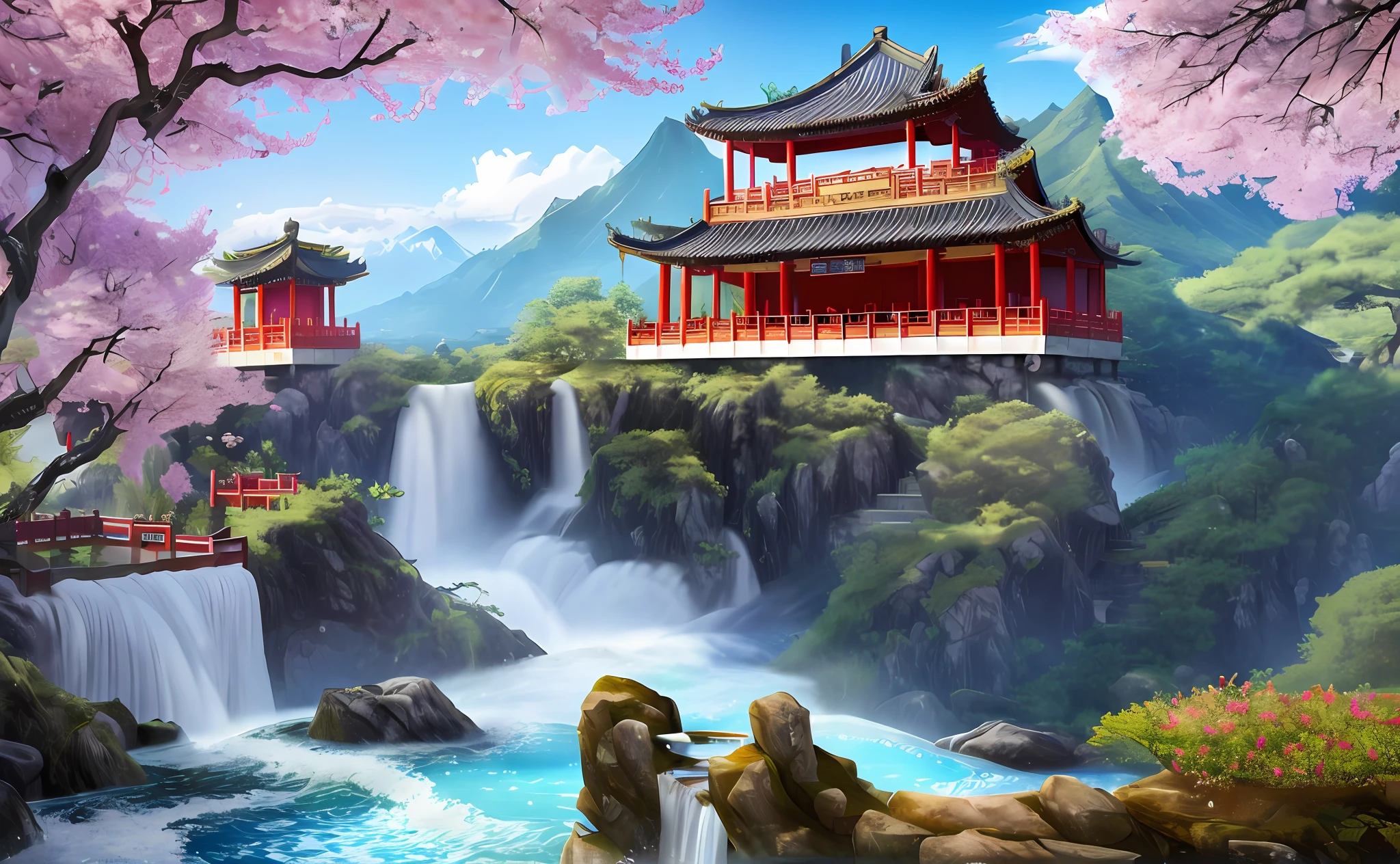 Chinese ancient building, exquisite and fine, real, tree, mountain, water, sunshine, waterfall, flower, Xiuxian, online game fairy