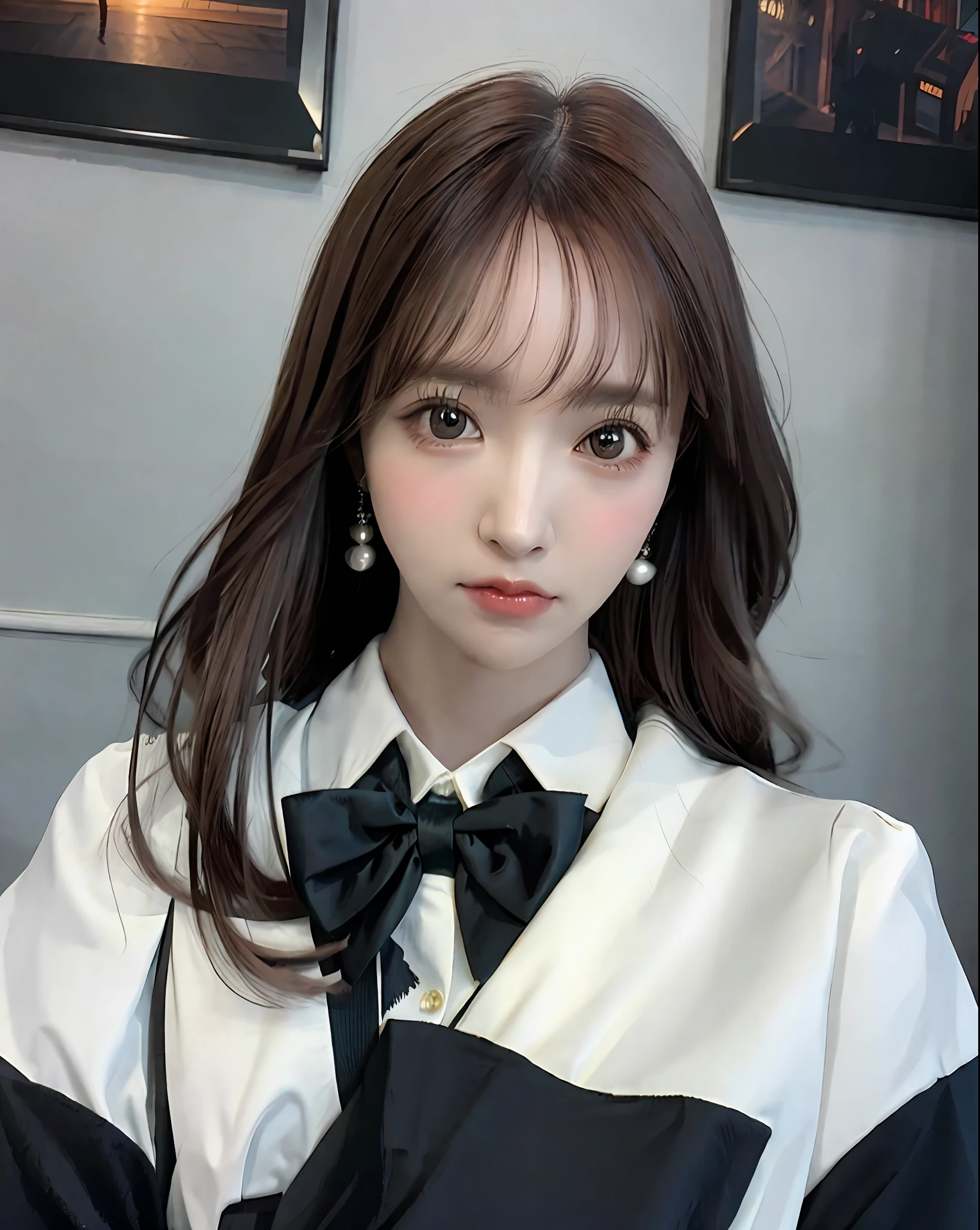 Masterpiece, best picture quality, beautiful girl, 15 years old, long hair, black hair, bangs, black cat suit, student, white blouse, red bow tie, cream cardigan, from waist up, up close, school classroom, detailed eyes, big eyes, swollen eyes, depressed expression, looking forward, realistic photo, actual photo, double eyelids, Japanese girl, beautiful Asian girl, hands behind back,