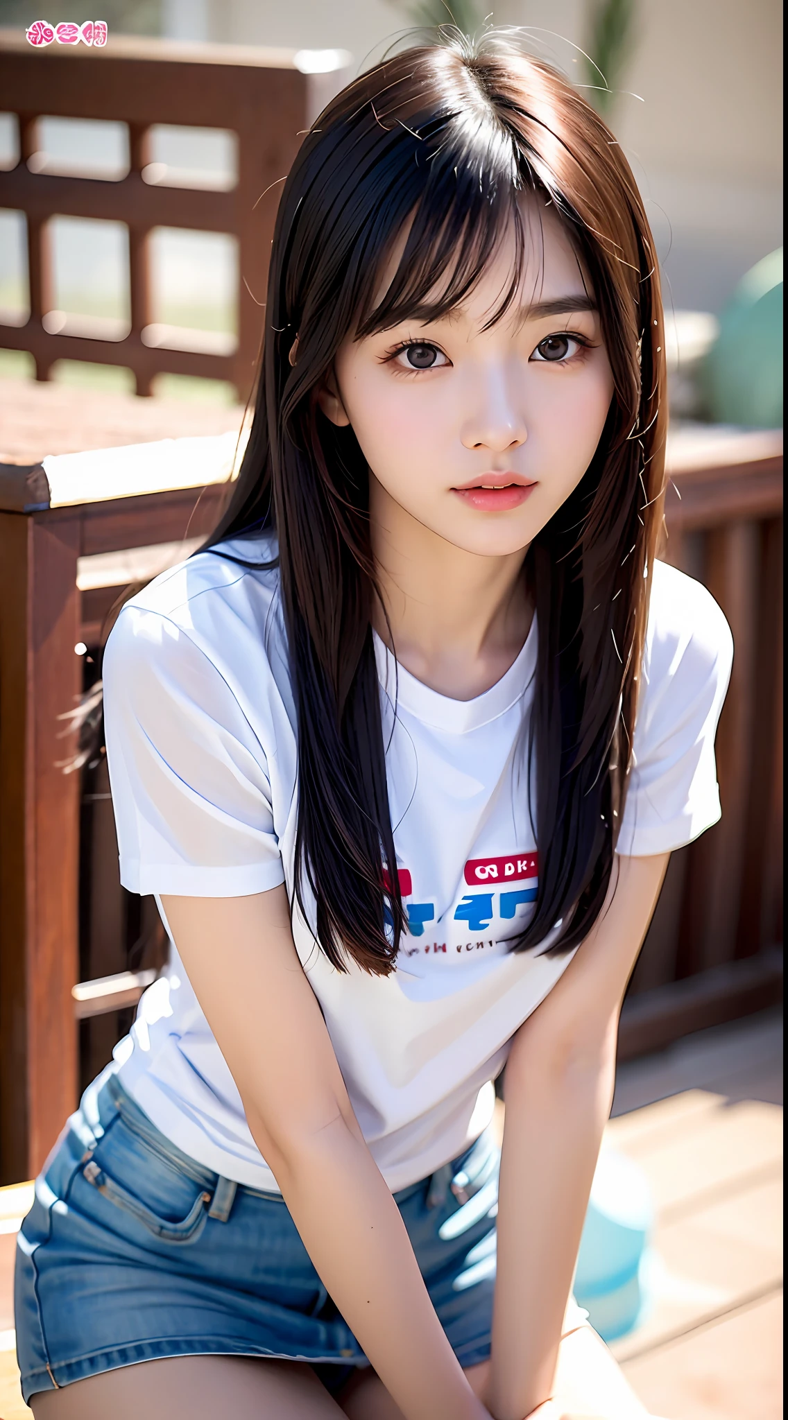 (yinchuan:1.5), close-up, masterpiece, best quality, raw photo, photorealistic, F cup, big, beautiful face, soft smile, girl 20 years old, cute, t-shirt, white mini skirt, beautiful long legs, standing figure, middle hair depth of field, high resolution, ultra detail, fine detail, very detailed, very detailed eyes and face, sharp pupils, realistic pupils,