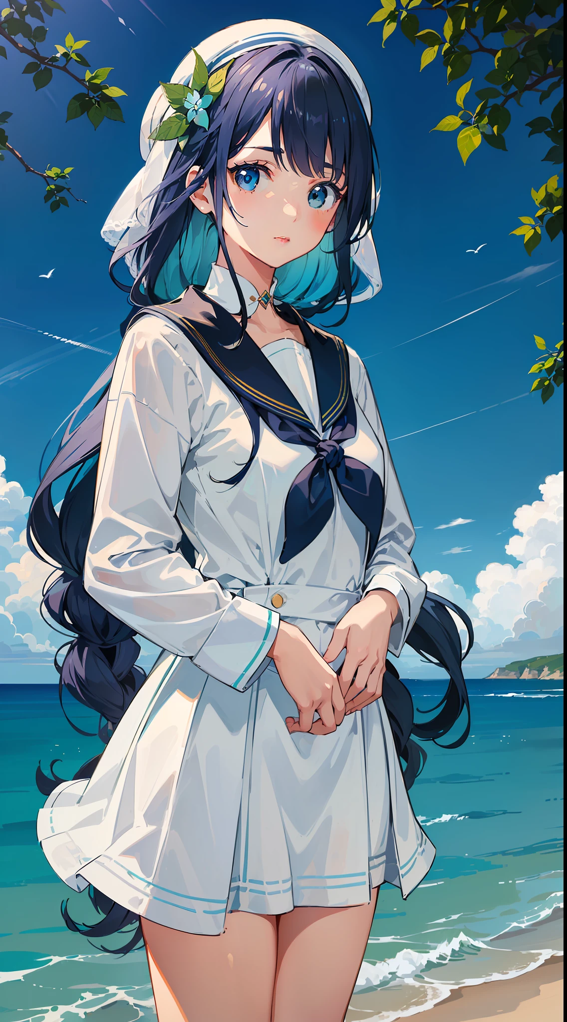 (The picture is clear, fresh and elegant), (the girl is dressed in a sailor suit, rich in details), (the expression is gentle, the temperament is charming), (the hair is presented in a light blue and green gradient, which looks particularly charming), (the long hair is combed neatly, beautiful and natural), (the two blue bright eyes appear clear and bright)
