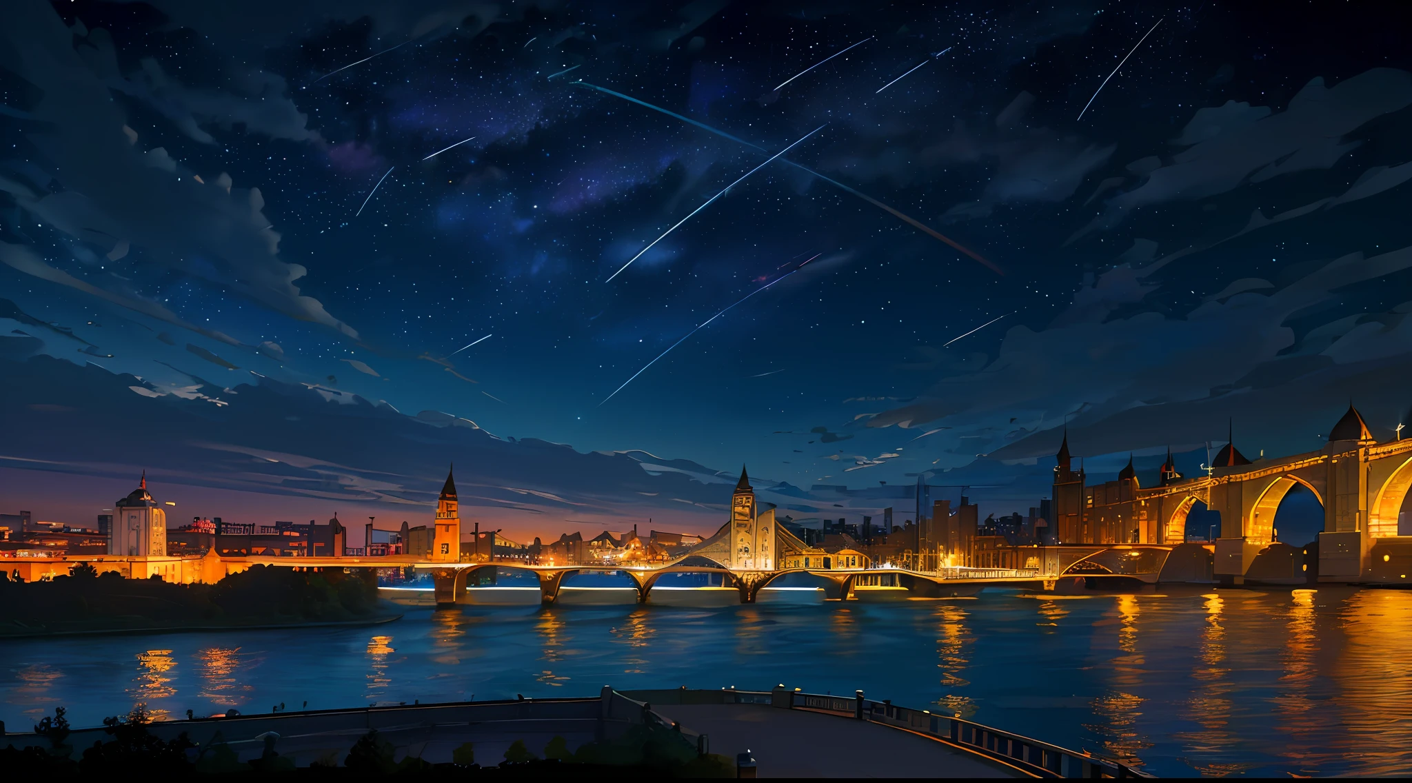 ((masterpiece, best quality, high resolution, super resolution, super detailed, ultra detailed, rich background)), (outdoor), beside river, bridge and river behind, city scenery behind, scenery, nighttime, dark, lowlight, moon, moonlight, dynamic light, shooting star