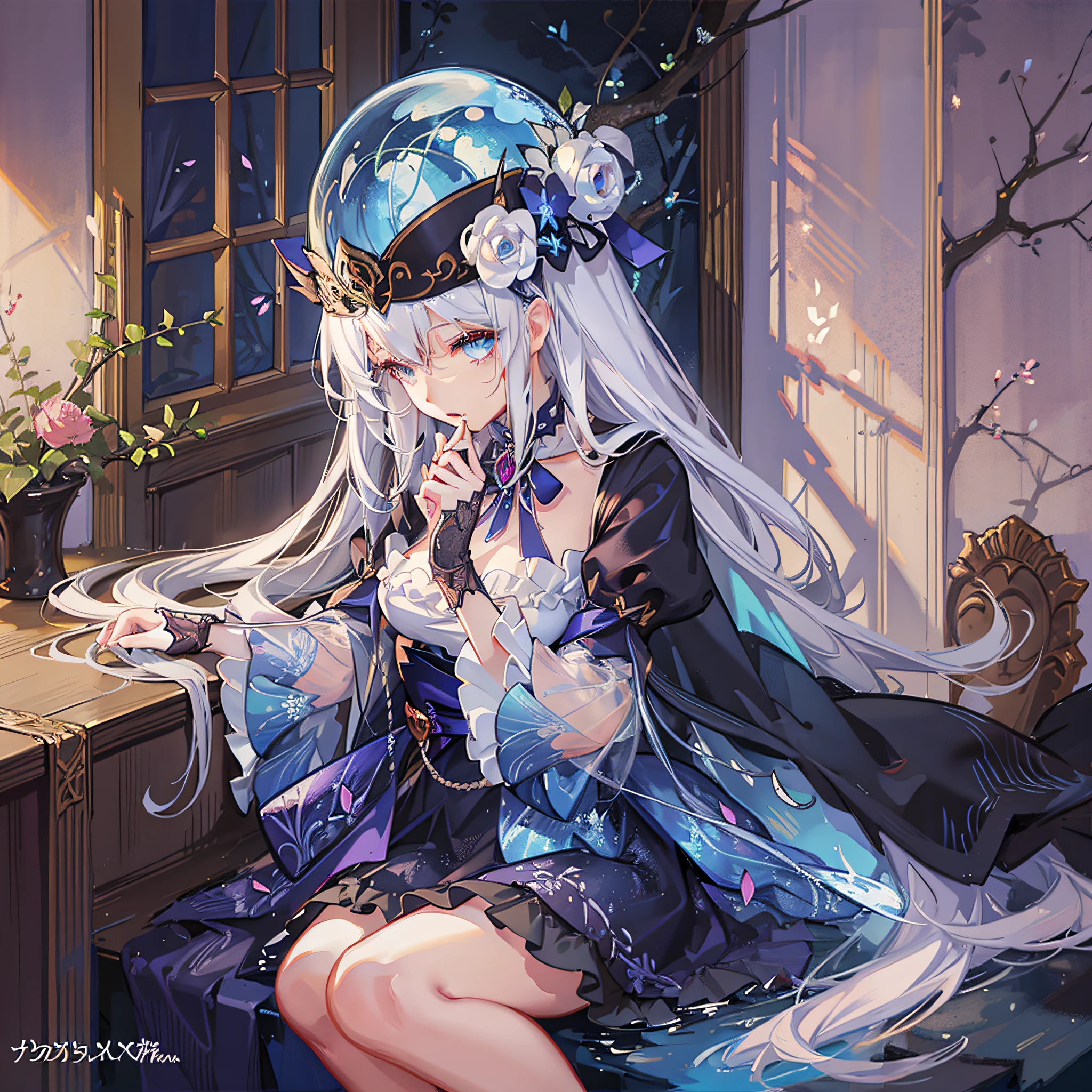 Anime girl sitting in garden with long white hair and blue dress, anime fantasy illustration, beautiful fantasy anime, anime fantasy artwork, white hair god, detailed key anime art, high detail official artwork, fairy tale illustration style, magical girl portrait, zero zen art, beautiful anime artwork, anime illustration, ArtStation pixiv trend, beautiful anime art, fairy tale artwork, inspired by Wu Daozi