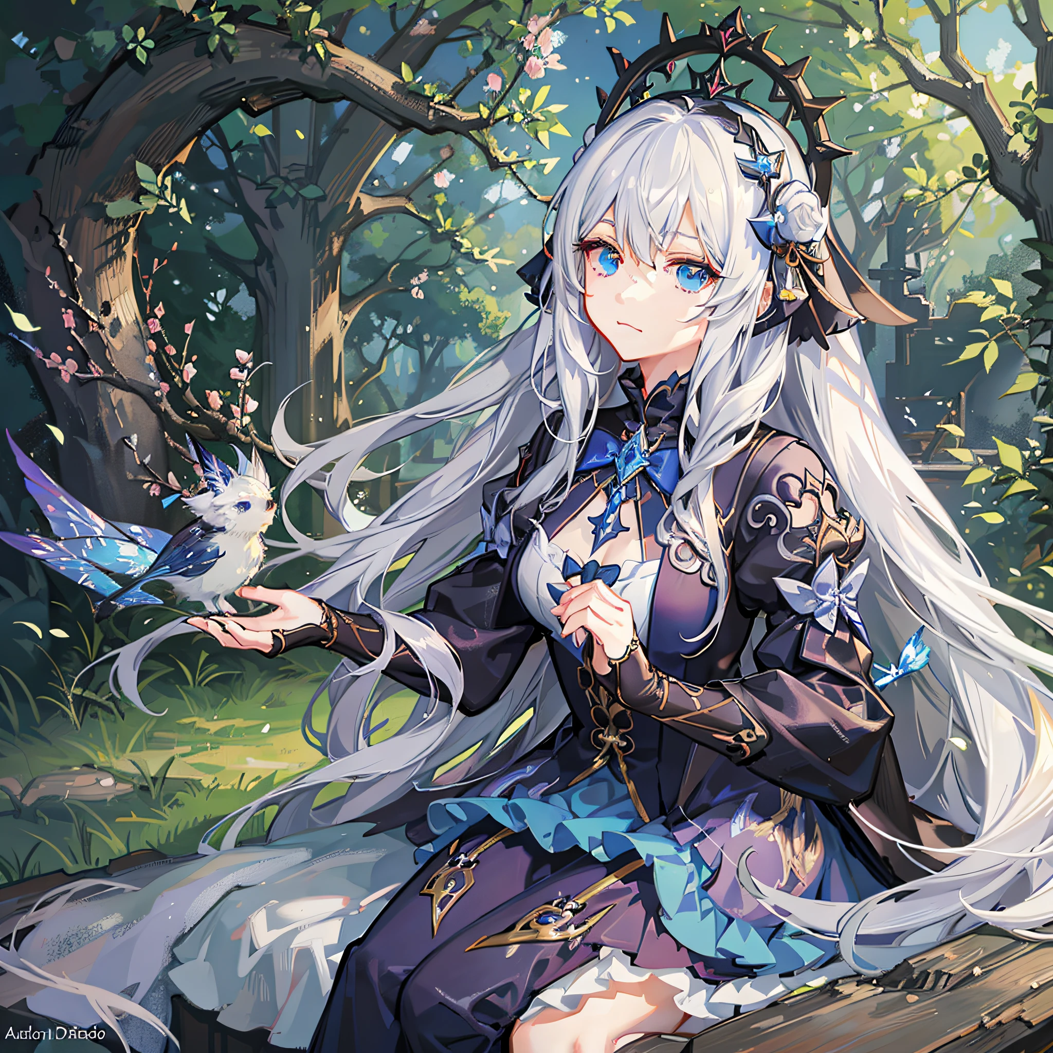 Anime girl sitting in garden with long white hair and blue dress, anime fantasy illustration, beautiful fantasy anime, anime fantasy artwork, white hair god, detailed key anime art, high detail official artwork, fairy tale illustration style, magical girl portrait, zero zen art, beautiful anime artwork, anime illustration, ArtStation pixiv trend, beautiful anime art, fairy tale artwork, inspired by Wu Daozi