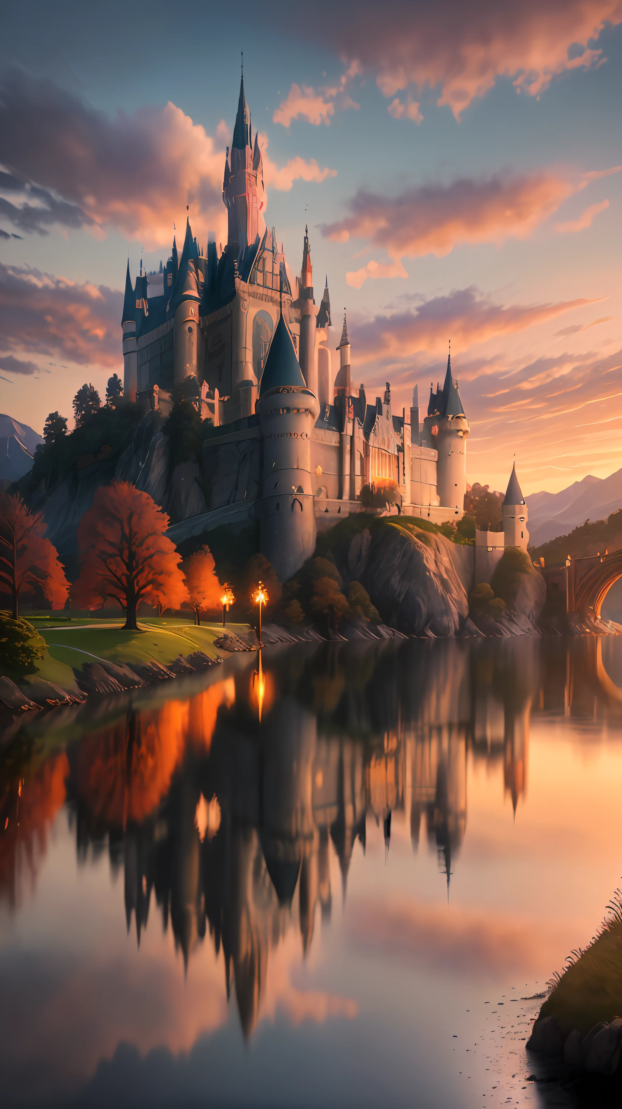 Masterpiece, best quality, high quality, extremely detailed CG unity 8k wallpapers, landscapes, perfect reflections, stunning water surfaces. Outdoors, sky, clouds, dusk, no humans, castles, magnificent castles. visual paradox. Break through the imagination, breathtaking, mountains, landscapes, water, trees, blood moons, waterfalls, cliffs, nature, lakes, rivers, cloudy skies, details enhanced, details enhanced, flawless. award winning photography, bokeh, depth of field, hdr, bloom, chromatic aberration, photorealism, highly detailed, intricate, high detail, dramatic, magic castle