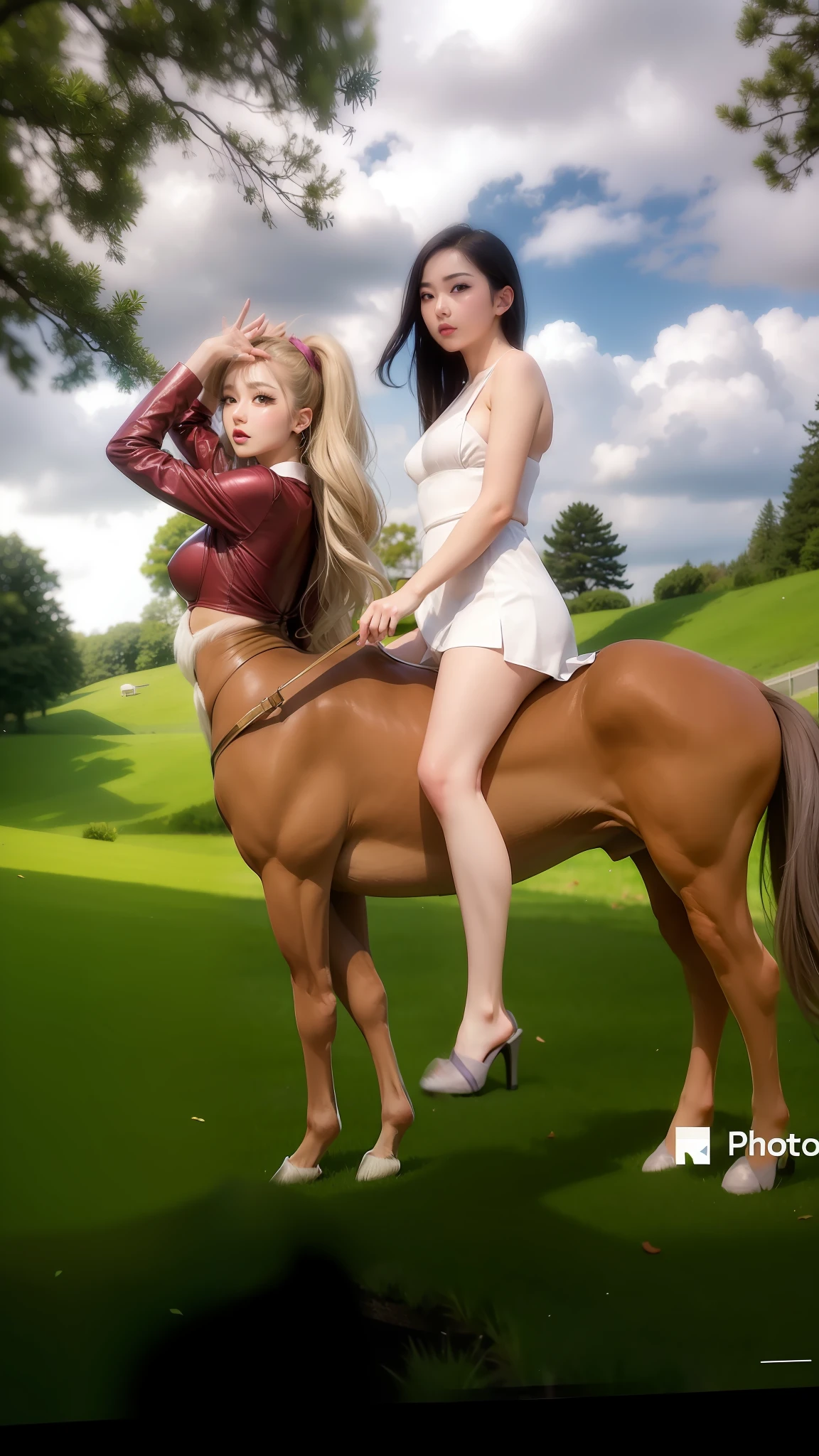 beautiful female k-pop idol, gigantic breasts purple bikini, centaur, horse body, her face is visible, close-up portrait, shot on sony a1, 85mm F/1. 4 ISO 100, medium format, 45 megapixel, studio lighting, softbox, high shutter speed flash photography, award-winning photograph with golden ratio composition, look at viewer