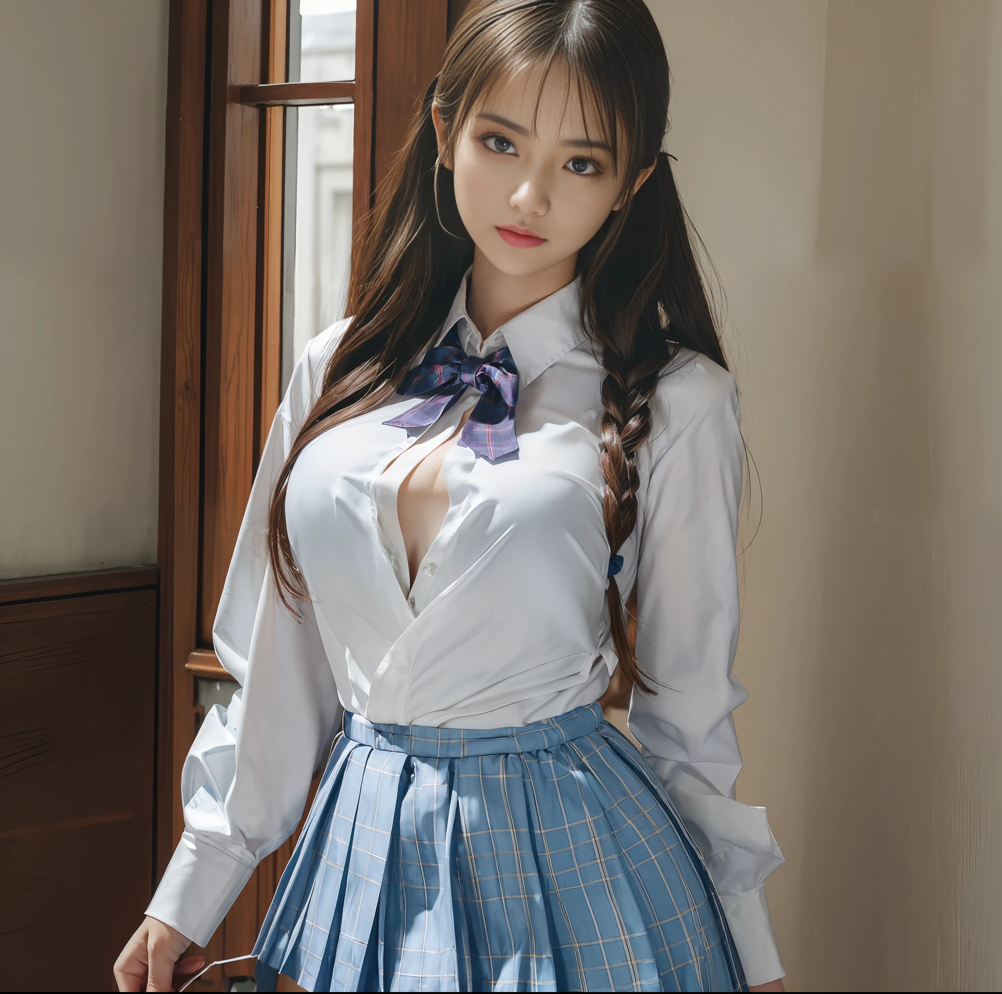 (top quality, masterpiece), 1girl, intricate details, (realistic lighting with shades), huge file size, high resolution, elegant, realistic, (perfect anatomical depiction of the human body), teenage girl standing in Japan schoolgirl outfit, serious look, girl whitening skin blue eyes, long hair with bangs is a brunette Japan with pigtails, japanese, ( Very big), (super big), (thin waist), (thin thighs), (baby face), (((crimson ribbon tie)). (neat white blouse of smooth thin fabric), (blouse breasts are very cramped), (no bra), (dark areolas), (blouse crushes large breasts and spreads to the side), (dark blue tartan check micro mini pleated skirt), skirt is short and panties are almost visible, (white and large panties covering the buttocks), ((no skin exposed on the upper body)), ( neat clothes with all buttons fastened), (the hem of the blouse is tucked inside the skirt), (the belly, back and chest are hidden by the blouse and cannot be seen directly), (beautiful big blue eyes), (thin and clear double eyelid lines in the eyes), (glossy, plump and brightly toned tear bags under the eyes), (pale blue iris), (some highlights on the iris and pupil), ( red expression of conjunctiva), (long eyelashes that are well visible), (blouse with super big), (skin and hair that glitter in the sunlight), shot of the room in the western sun, she shrugs slightly with her inner thighs and holds her buttocks while staring at the person in front of her, (shot from the front or backwards), perfect hands, nice hands, bowtie, cameltoe,