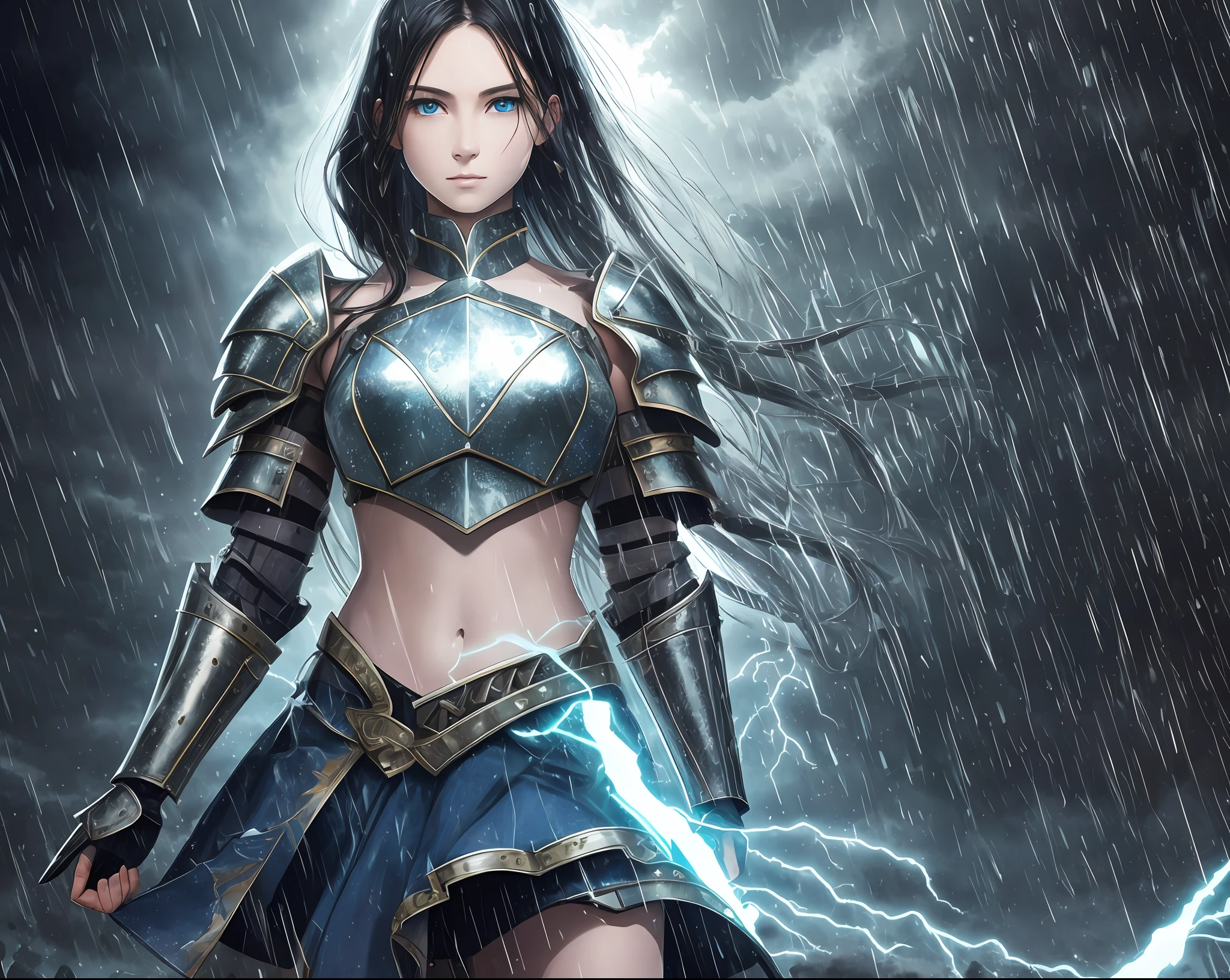 8k, complex, sunlight, highly detailed, majestic, digital photography, denim lens, surrealist painting, broken glass, beating magic, (masterpiece, side light, fine beautiful eyes: 1.2), HDR, void 5 energy lightning storm, sunshine boy, pale skin, delicate face, black hair, wearing palatial battle armor, bare shoulders, navel, short skirt, fine metal armor, rain, beautiful, facing the audience, facing the camera, masterpiece, upper body, --auto --s2