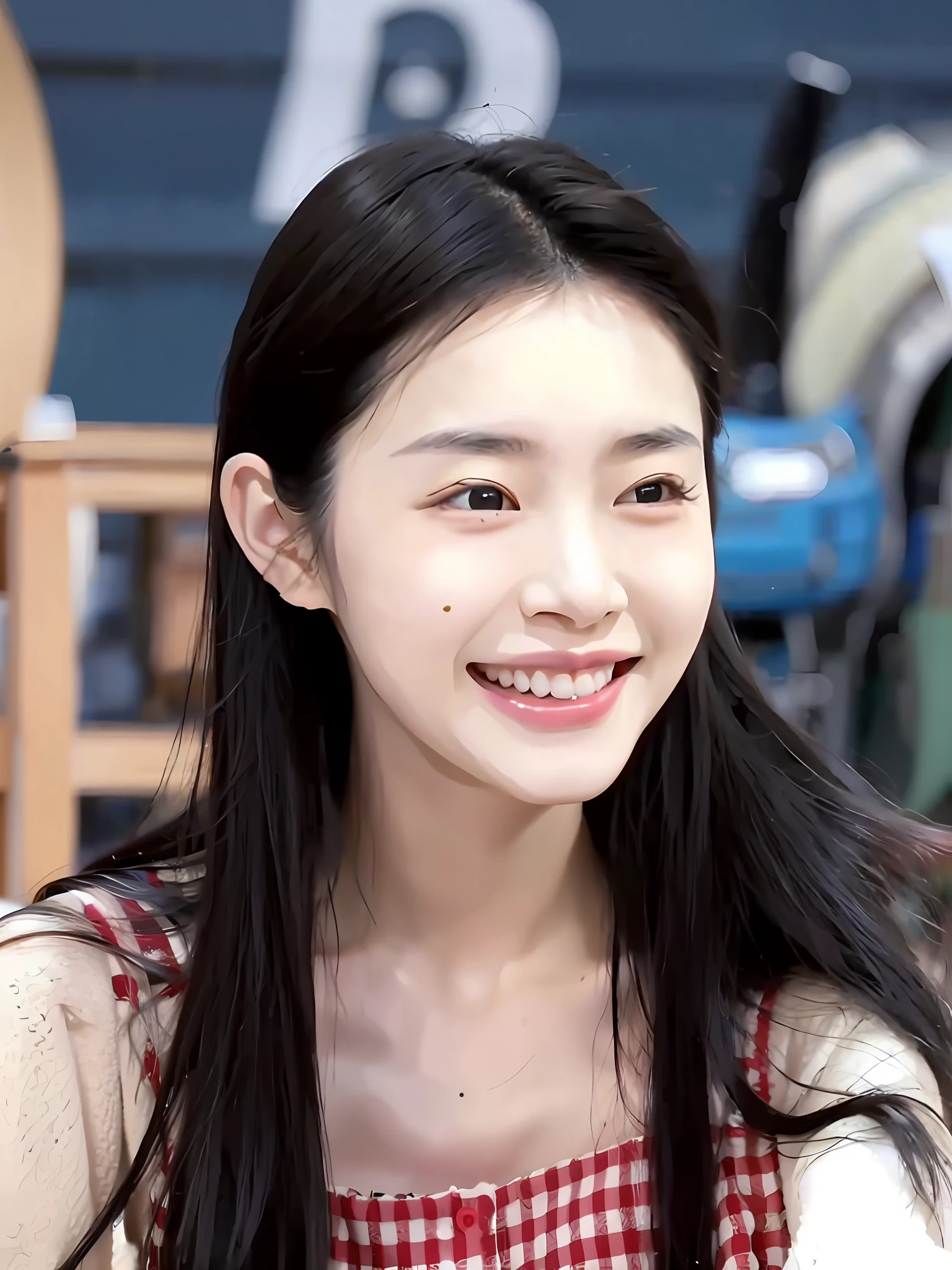 There is a girl with long black hair, smiling, with a mole on her face, waving hello, Song Yi, Chinese actress, beautiful Chinese woman