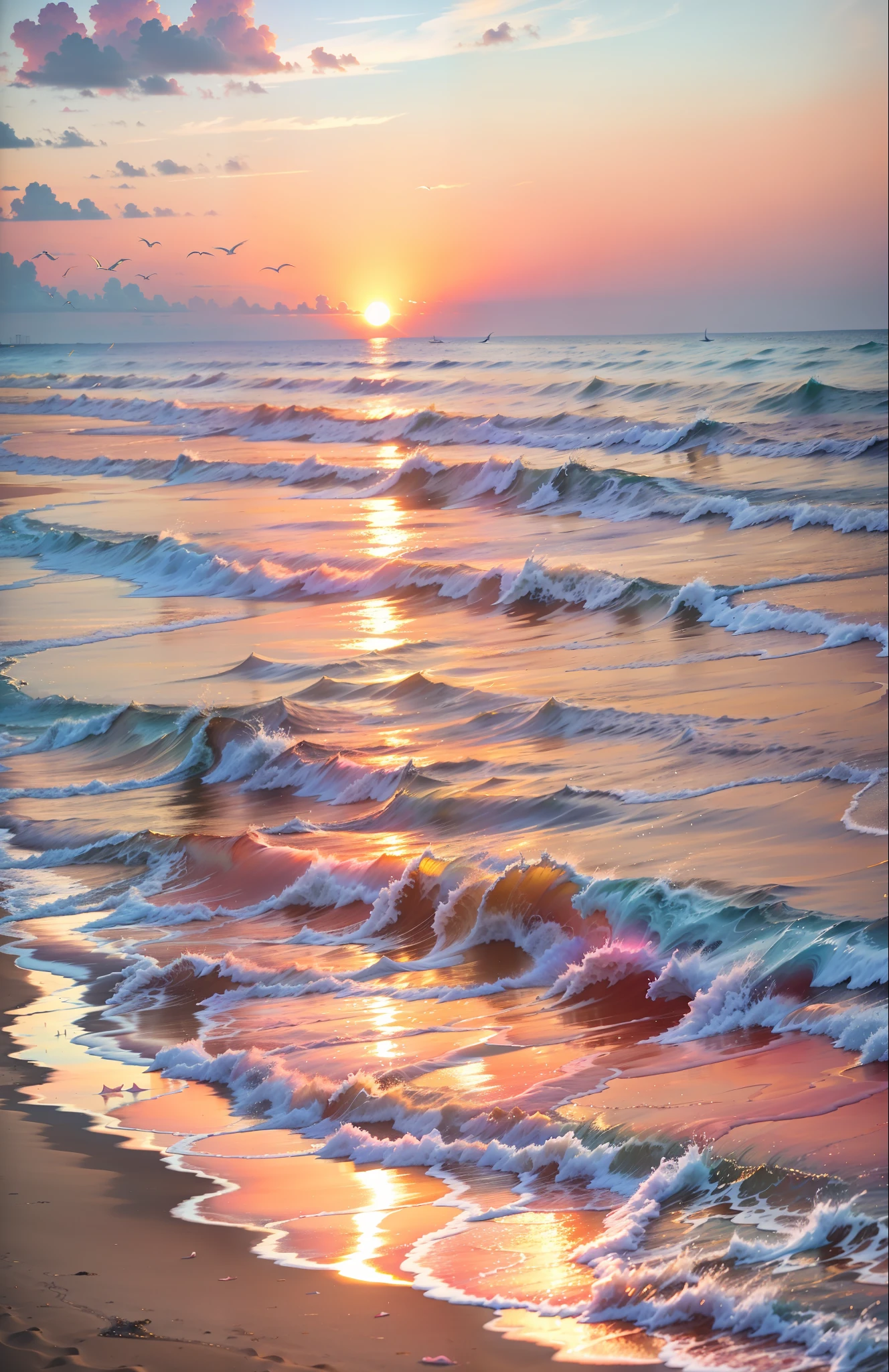 An absolutely mesmerizing sunset on the beach, with a mix of orange, pink, and yellow in the sky. The water is crystal clear, gently kisses the coast, and the white sand is endless. The scene is dynamic and breathtaking, with seagulls soaring high in the sky and palm trees swaying softly. Immerse yourself in the calm atmosphere and let the serenity surround you.