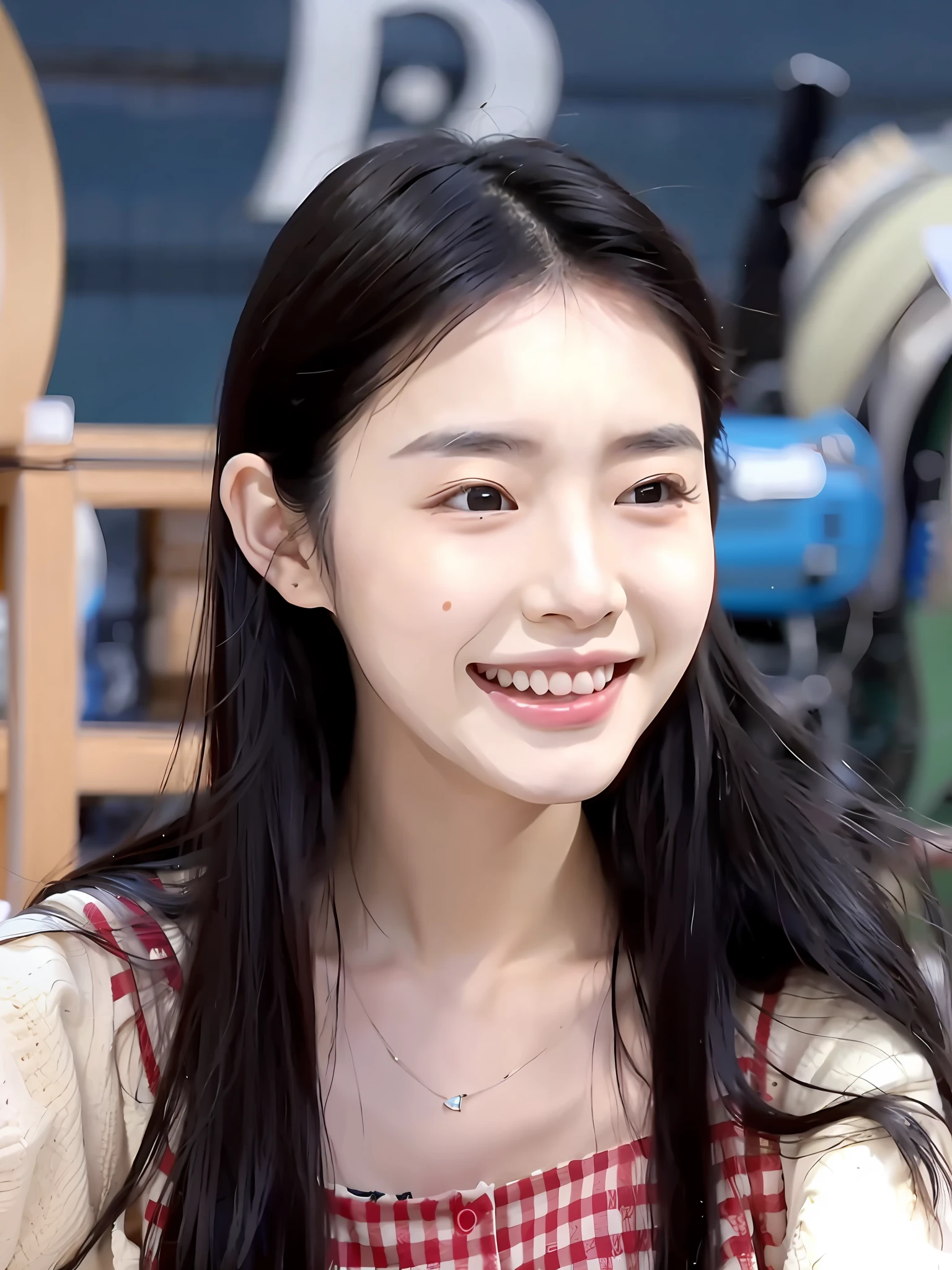 There is a girl with long black hair, smiling, with a mole on her face, wearing a necklace, waving hello, Song Yi, a Chinese actress, a beautiful Chinese woman