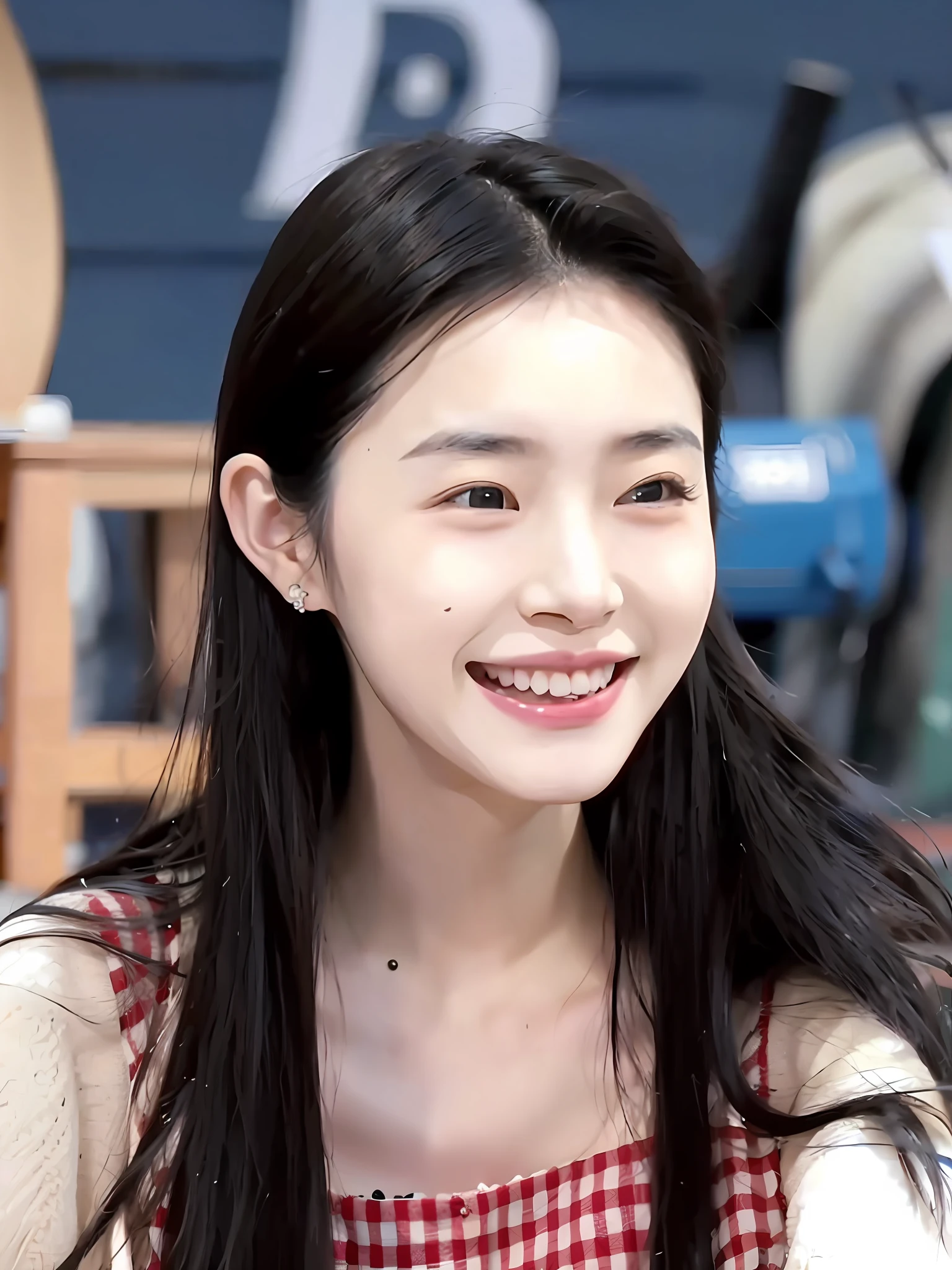 There is a girl with long black hair, smiling, with a mole on her face, waving hello, Song Yi, Chinese actress, beautiful Chinese woman