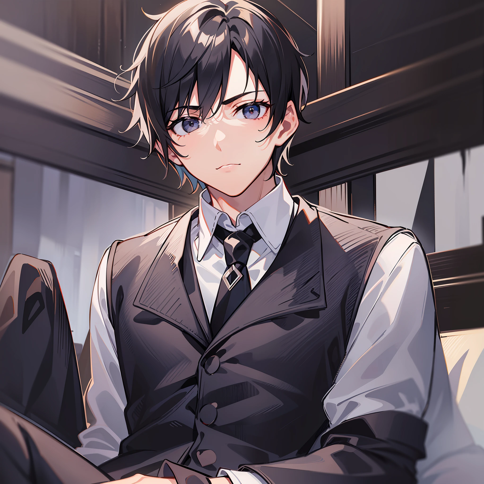 Detailed portrait of a serious young boy with short black hair wearing a white shirt and black pants with black gloves sitting in a room full of Riches)