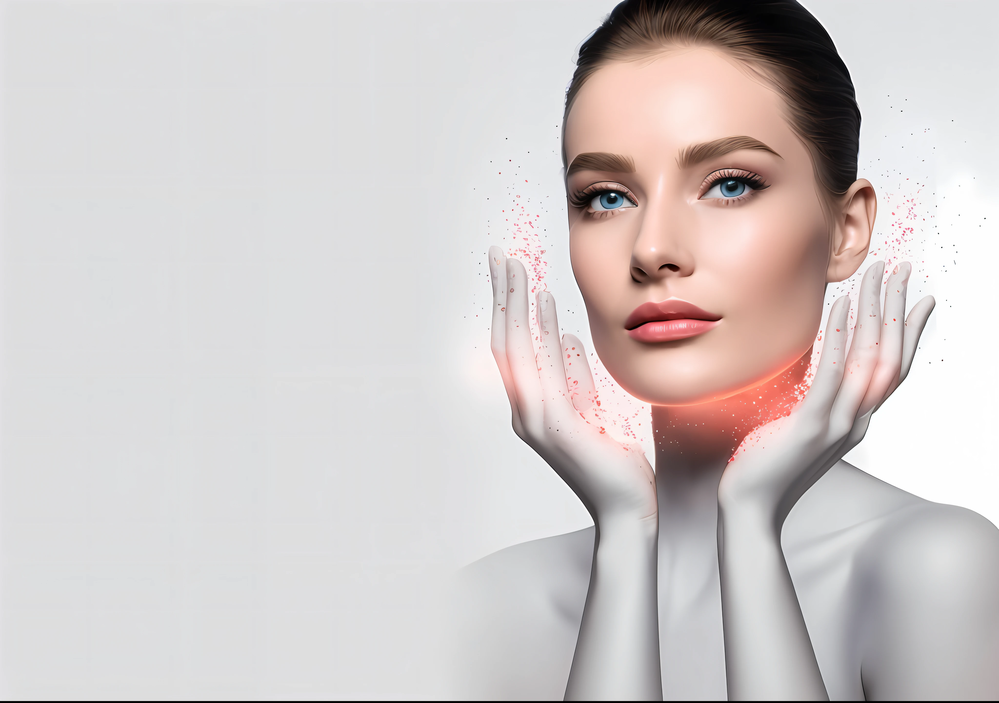 (Masterpiece), Best Quality, (Medium Shot), 1 Girl, (Beautiful Detail Face), (Upper Body: 1.3), (Blonde Hair), Detailed Eyes, Detailed Eyes, Blue Eyes, Chin Slightly Up, Highlighted Contour Line, Blood Red Lips, There Is a Woman with a Glow Red Dot on Her Face, Red Glow Skin, Represented by Kurt Roesch, Digital Enhancement, Synthetic Bio Skin, Beautiful Woman in Hologram, Advertising Image, Transparent Vibrant Glow Skin, by Jakob Gauermann, by Zofia Stryjenska, subtle vibrancy, glowing porcelain skin, cybernetic neck implants, stunning design, elegant digital art, (portrait of Audrey Hepburn), side-painted portrait, #1 digital painting ever, (hands with air support face), (flight attendant's hairstyle), wide shoulders, small head, gray background, --auto --s2