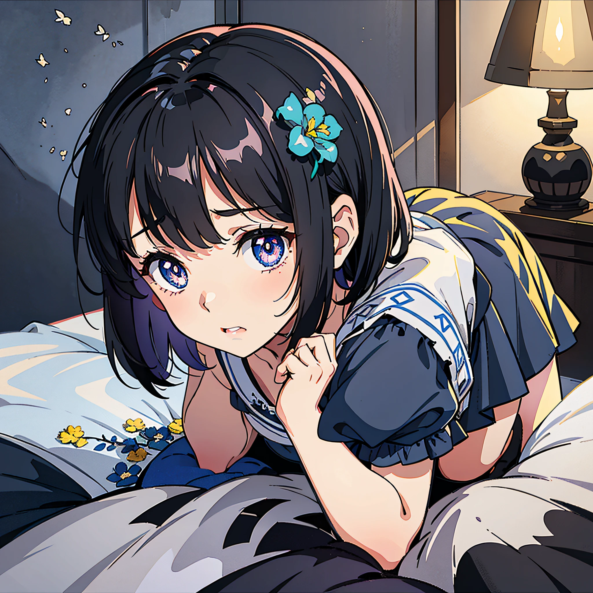 Anime girl laying on bed with blue eyes and a flower in her hair ...
