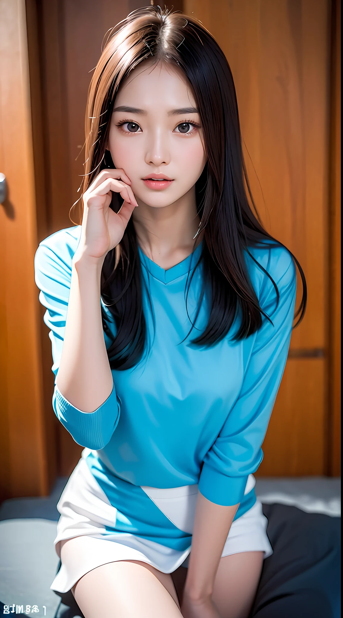 (yinchuan:1.5), close-up, masterpiece, best quality, raw photo, photorealistic, big breasts, beautiful face, soft smile, 20 year old girl, blue t-shirt, white mini skirt, beautiful long legs, middle hair depth of field, high resolution, ultra detail, fine detail, very detailed, highly detailed eyes and face, sharp pupils, realistic pupils,