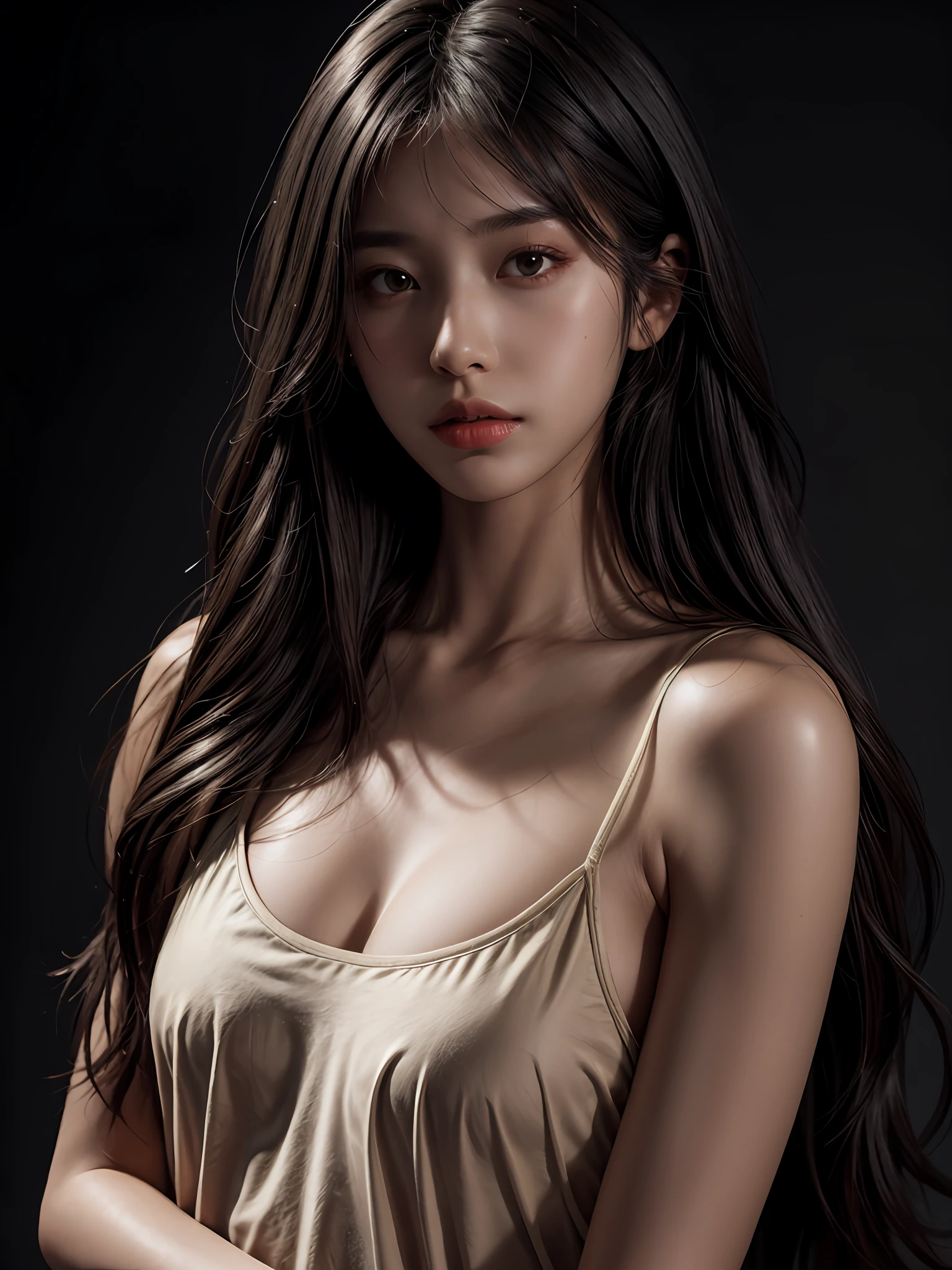 photography, upper body, a 20 yo woman, long hair, dark theme, muted colors, high contrast, (natural skin texture, hyperrealism, sharp:1.2),(simple background), hyperrealistic, analog