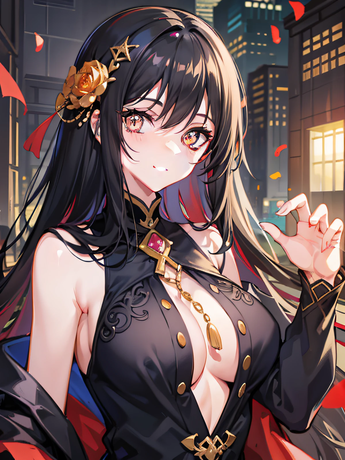 Black hair, eyeball, amber eyes, fingersmile, anime style, UHD, masterpiece, modern dress, bust