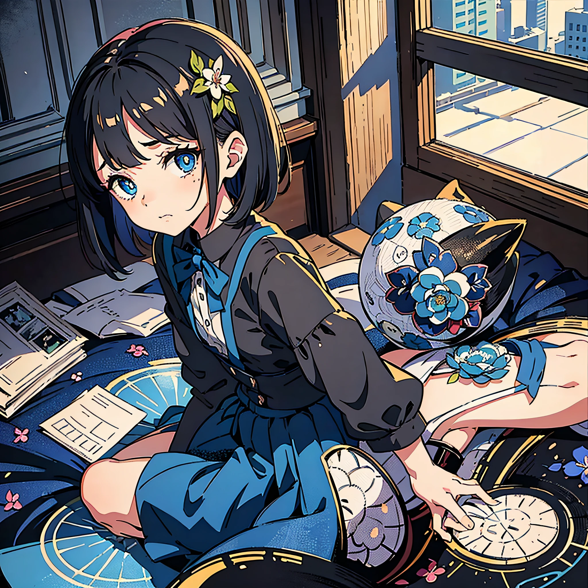 1 , short black hair, blue pupils, cute, delicate face, small skirt with broken flowers, painful expression, sitting on the bed, bending over, vomiting, bedroom, dimly lit room