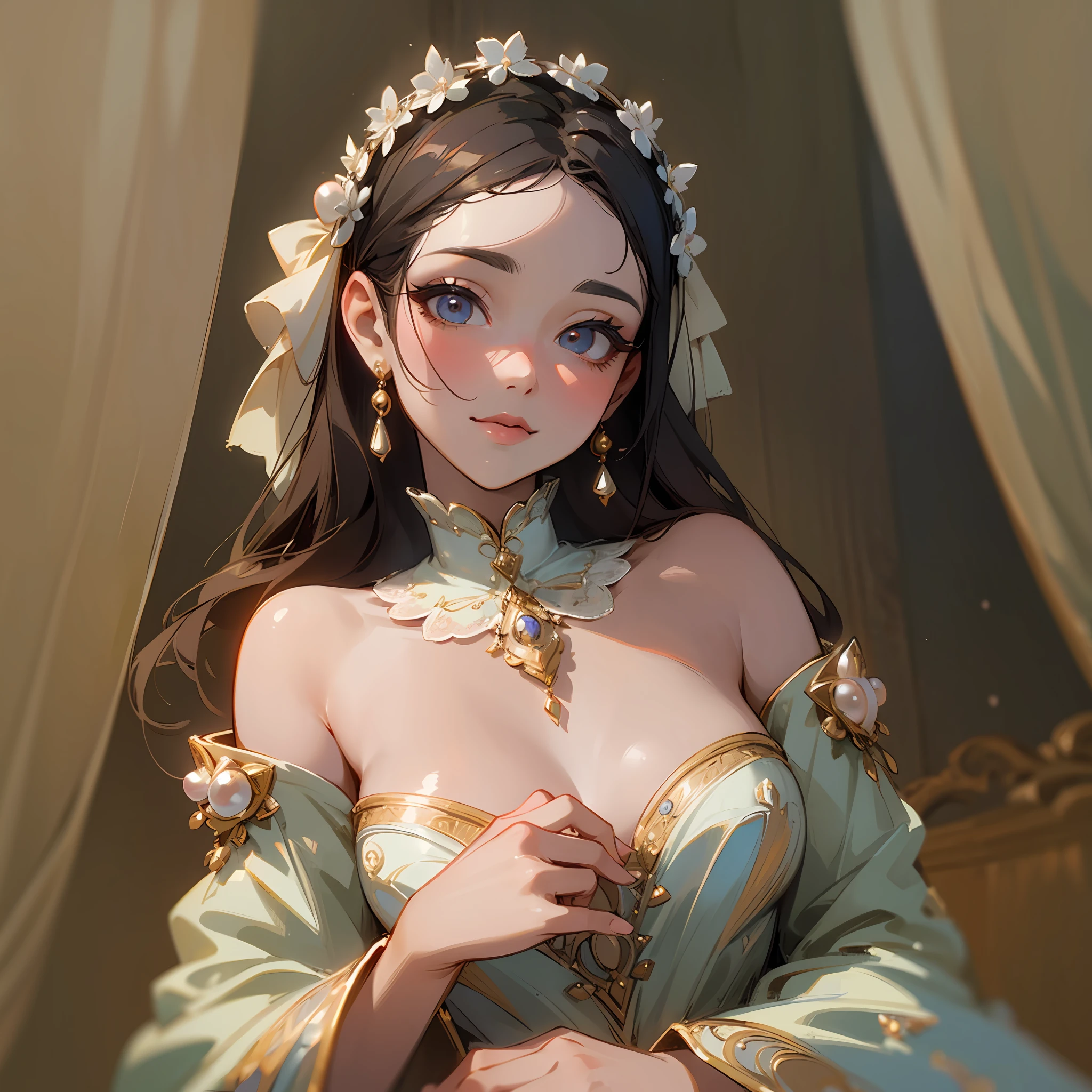 (masterpiece), the best quality, high-definition illustration, smooth skin, pearl-like beauty, eyes with affection, slightly drooping eyelashes, shallow smile, simple antique clothing, intimate embellished with gorgeous details, rich luster, soft lines, moderate depth of field, enumerated a variety of beautiful words, angle overlook, the background is warm and elegant. --auto --s2