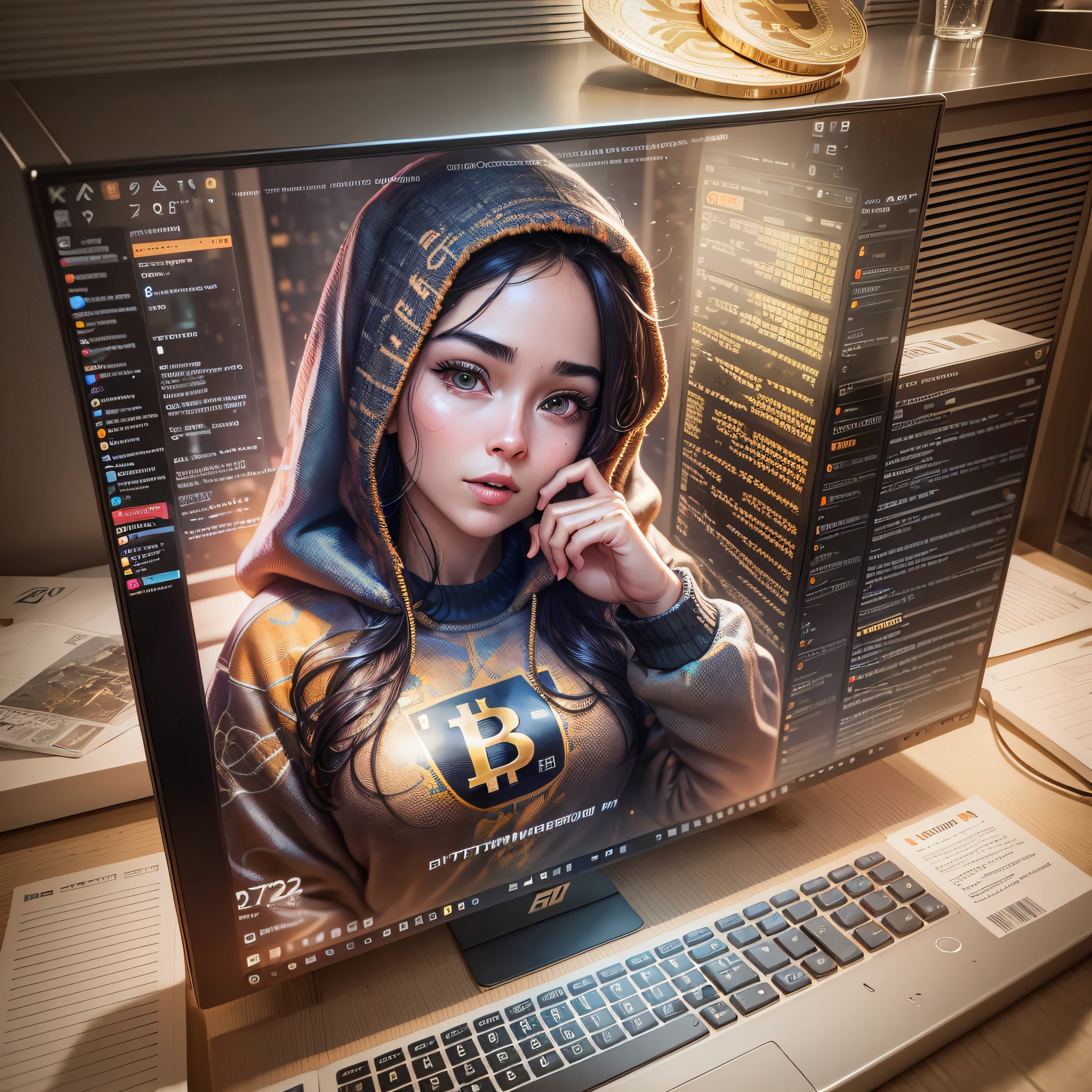 masterpiece, best quality, ultra detailed, hyper realistic, highly detailed CG illustration, photorealistic, Bitcoin, computer, sweatshirt --auto --s2