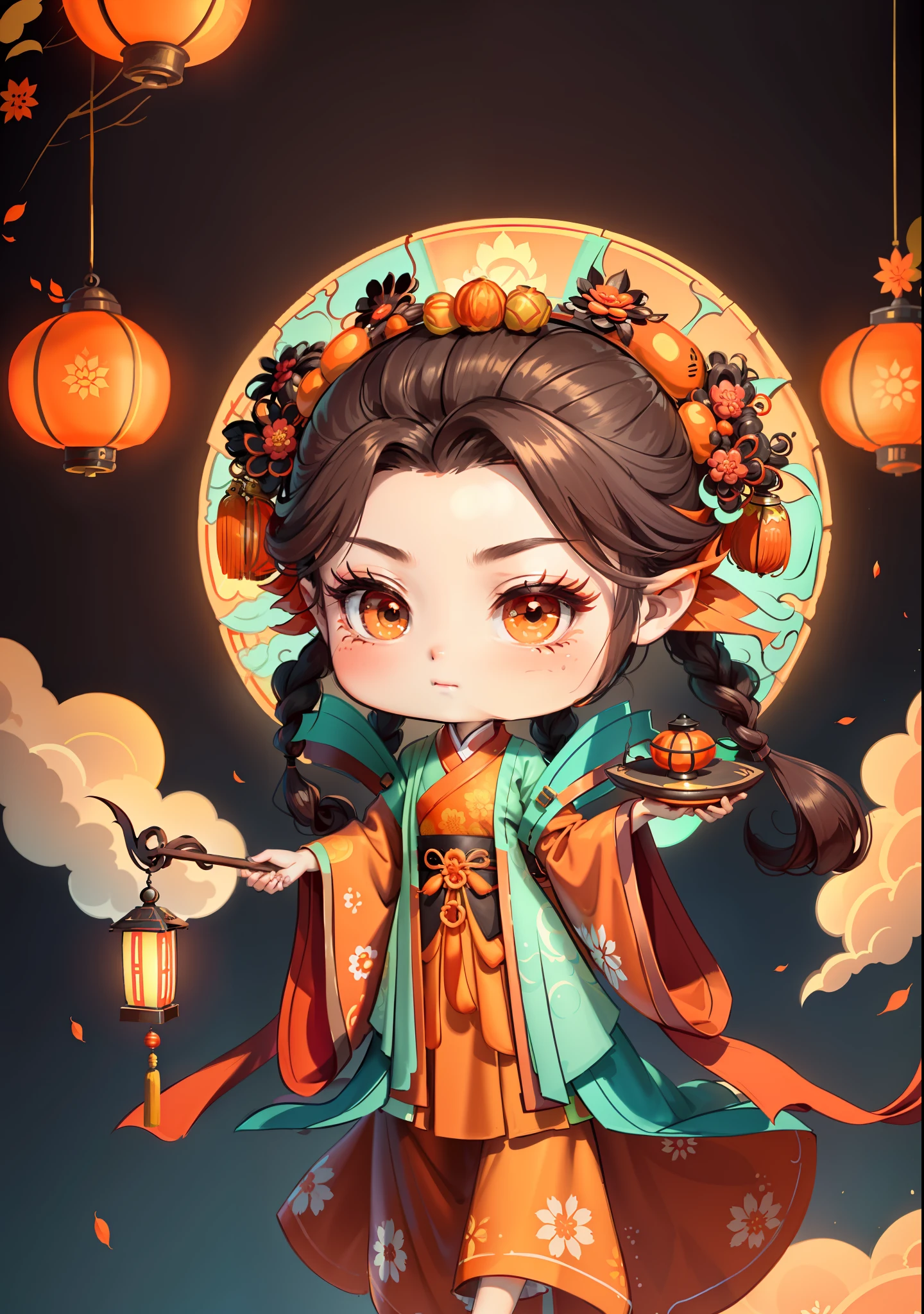 A Chinese girl in Hanfu, holding a lantern in one hand, dragging mooncakes with the other, autumn, Mid-Autumn Festival, mooncakes, dark brown hair, ancient Chinese hair bun, pattern, orange-red skirt, cyan-orange color matching, osmanthus flowers on both sides of the hair, some metal flower headdresses, bright color blocks, bright colors, line art, infinite details, fine painting, exquisite portrayal, blank background 8k,