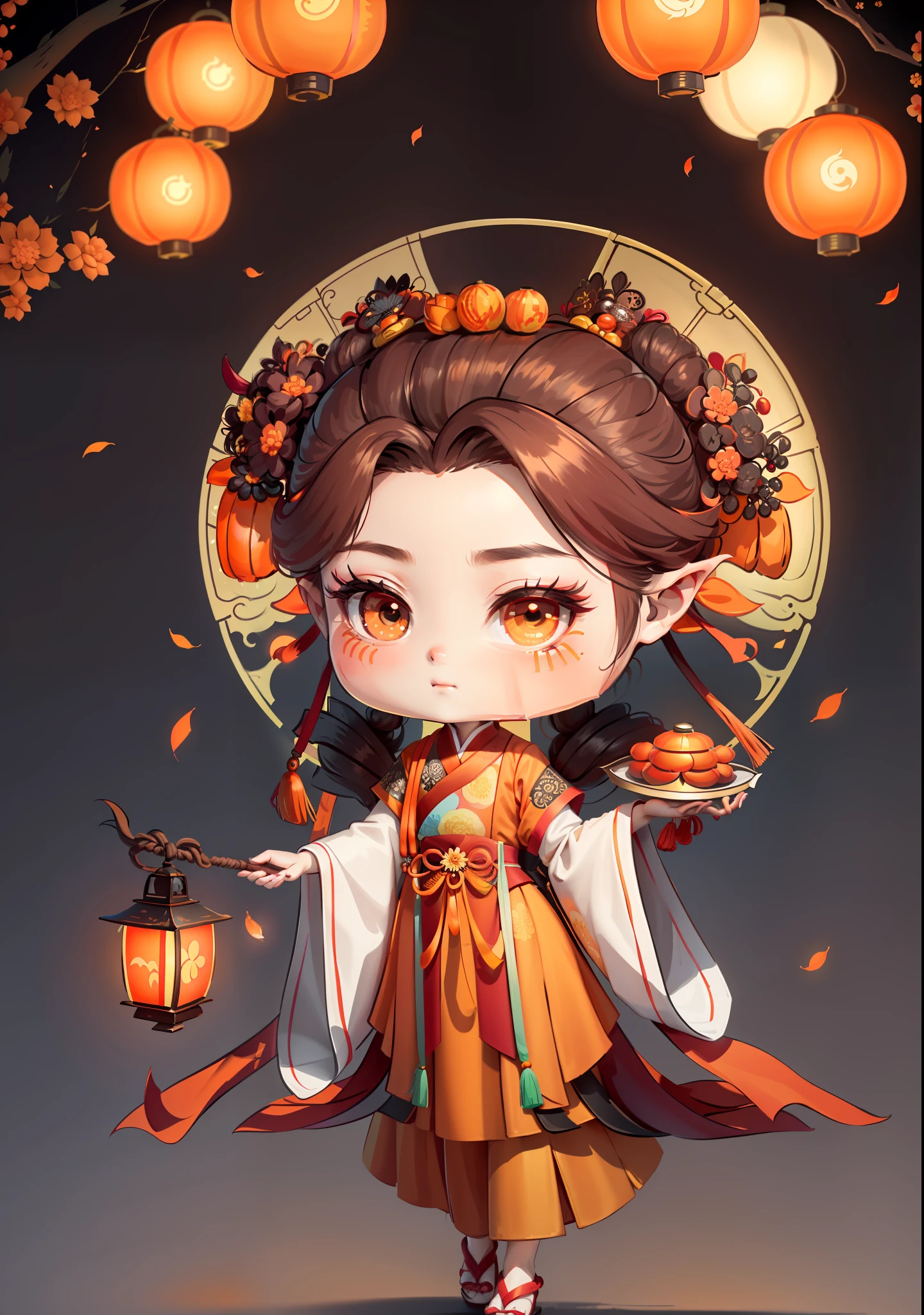A Chinese girl in Hanfu, holding a lantern in one hand, dragging mooncakes with the other, autumn, Mid-Autumn Festival, mooncakes, dark brown hair, ancient Chinese hair bun, pattern, orange-red skirt, cyan-orange color matching, osmanthus flowers on both sides of the hair, some metal flower headdresses, bright color blocks, bright colors, line art, infinite details, fine painting, exquisite portrayal, blank background 8k,