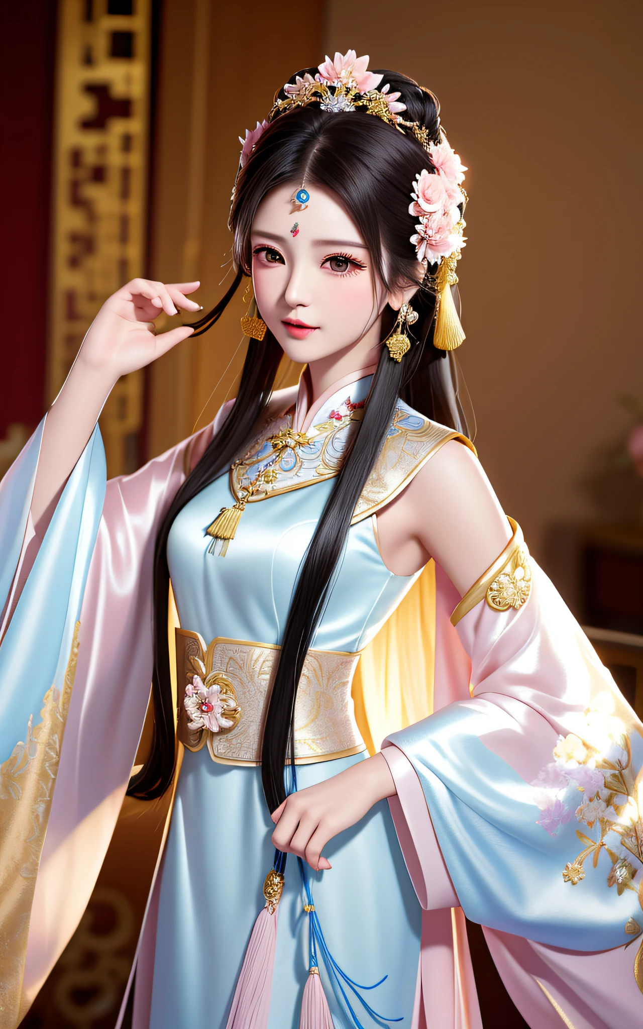 best quality, masterpiece, high resolution, 1girl, chinese wedding dress, hair accessories, necklace, jewelry, beautiful face, upon_body, tyndall effect, realistic, dark studio, edge lighting, two-tone lighting, (high detail skin: 1.2), 8k UHD, DSLR camera, soft lighting, high quality, volumetric lighting, frank, photo, high resolution, 4k, 8k, bokeh, a Chinese costume beauty in light pink big sleeve gauze with embroidered flowers on her sleeves, black hair and black eyes, His facial features are straight, his skin is white and tender, his expression is gentle, and he holds a bouquet of small flowers and looks into the distance. Her hair was coiled in a bun, her head was decorated with elaborate hair ornaments, and her sides were tied with taupe gold silk hairbands that hung down and had bead tassels at the ends. The whole standing painting presents a 2.5-dimensional style, with smooth lines, clear contours, and full shapes, showing the grace and nobility of this ancient beauty,