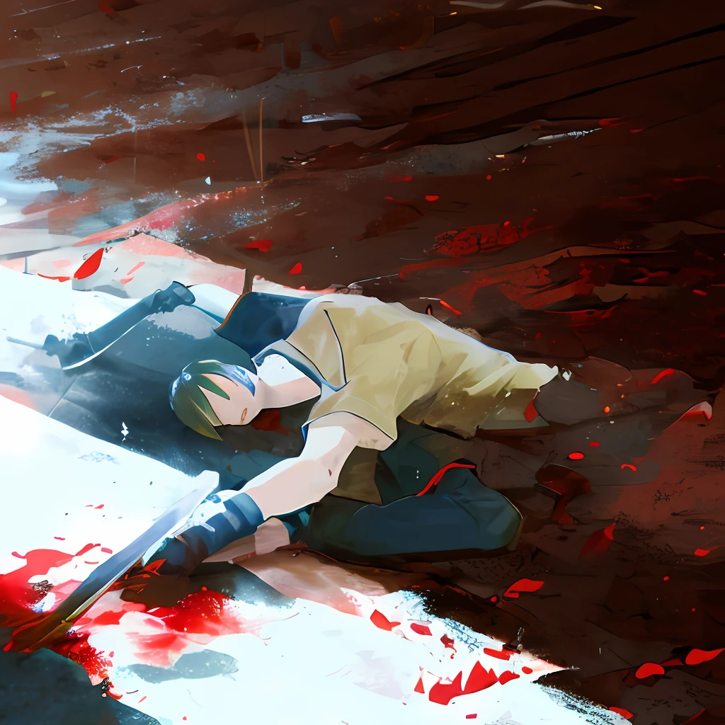 On the cold ground sat a bloody boy with a sword