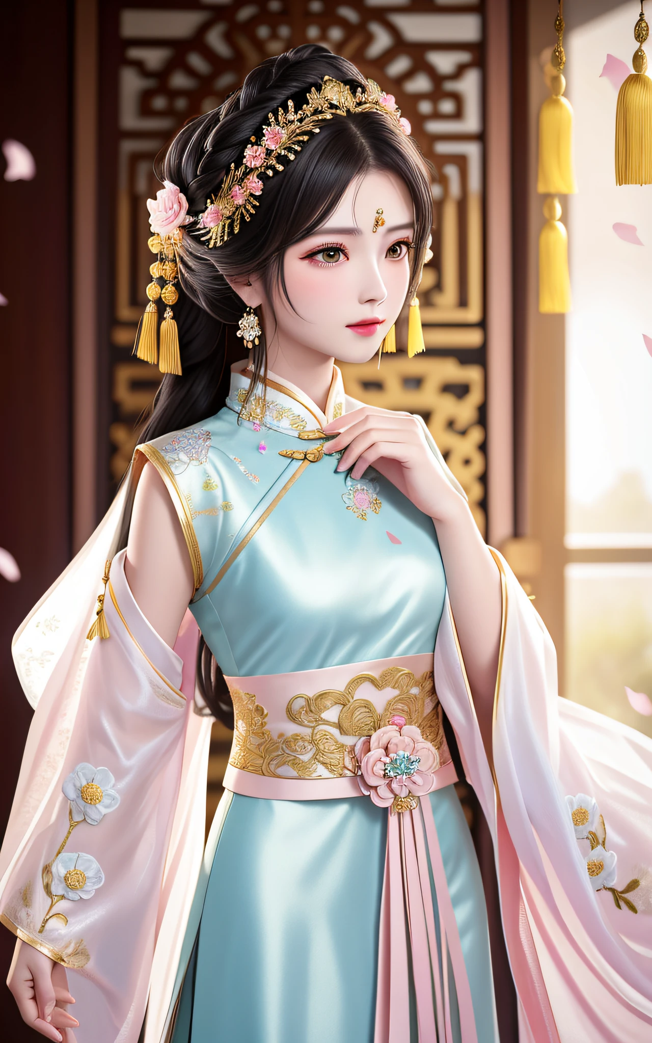 best quality, masterpiece, high resolution, 1girl, chinese wedding dress, hair accessories, necklace, jewelry, beautiful face, upon_body, tyndall effect, realistic, dark studio, edge lighting, two-tone lighting, (high detail skin: 1.2), 8k UHD, DSLR camera, soft lighting, high quality, volumetric lighting, frank, photo, high resolution, 4k, 8k, bokeh, a Chinese costume beauty in light pink big sleeve gauze with embroidered flowers on her sleeves, black hair and black eyes, His facial features are straight, his skin is white and tender, his expression is gentle, and he holds a bouquet of small flowers and looks into the distance. Her hair was coiled in a bun, her head was decorated with elaborate hair ornaments, and her sides were tied with taupe gold silk hairbands that hung down and had bead tassels at the ends. The whole standing painting presents a 2.5-dimensional style, with smooth lines, clear contours, and full shapes, showing the grace and nobility of this ancient beauty,
