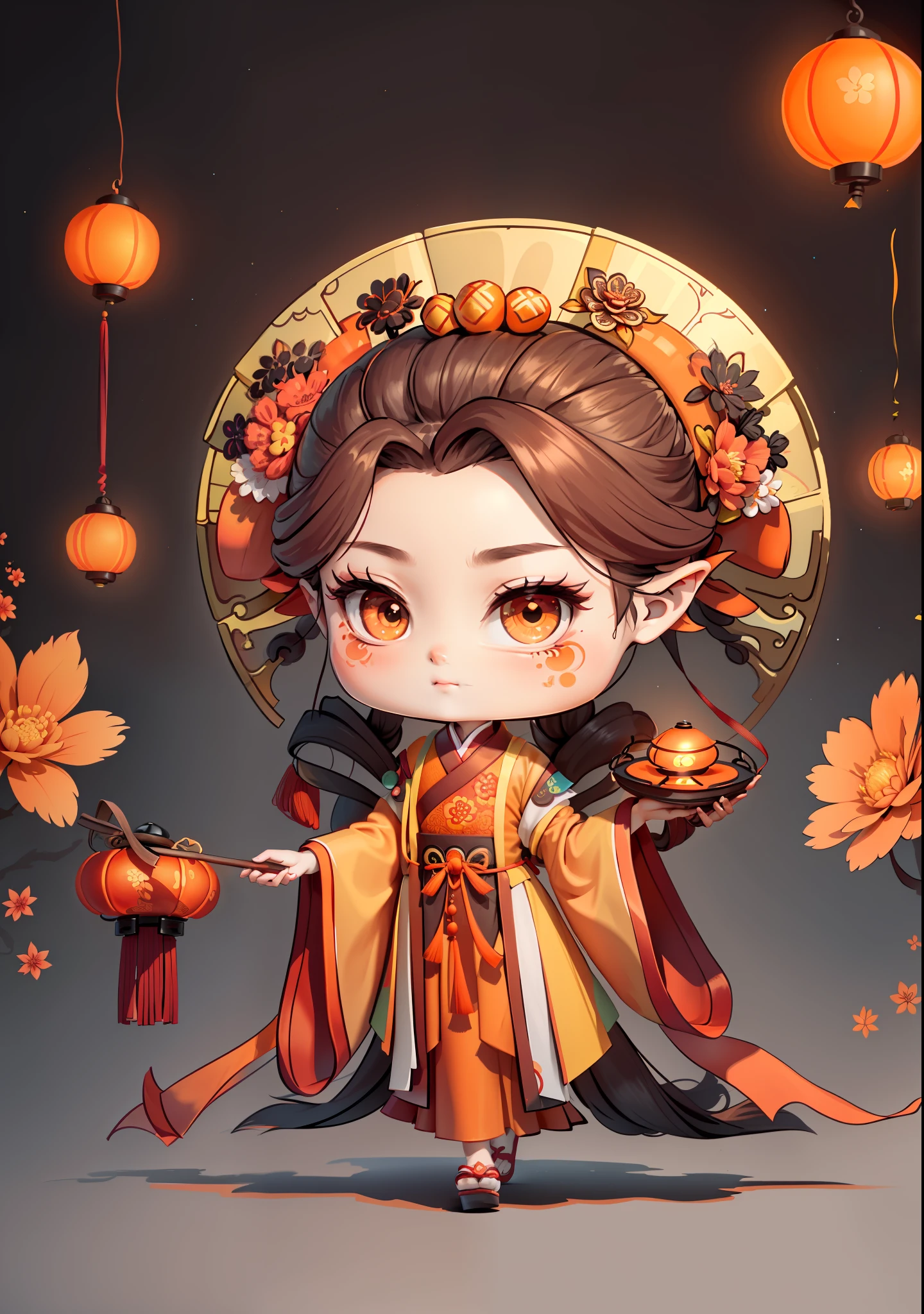 A Chinese girl in Hanfu, holding a lantern in one hand, dragging mooncakes with the other, autumn, Mid-Autumn Festival, mooncakes, dark brown hair, ancient Chinese hair bun, pattern, orange-red skirt, cyan-orange color matching, osmanthus flowers on both sides of the hair, some metal flower headdresses, bright color blocks, bright colors, line art, infinite details, fine painting, exquisite portrayal, blank background 8k,