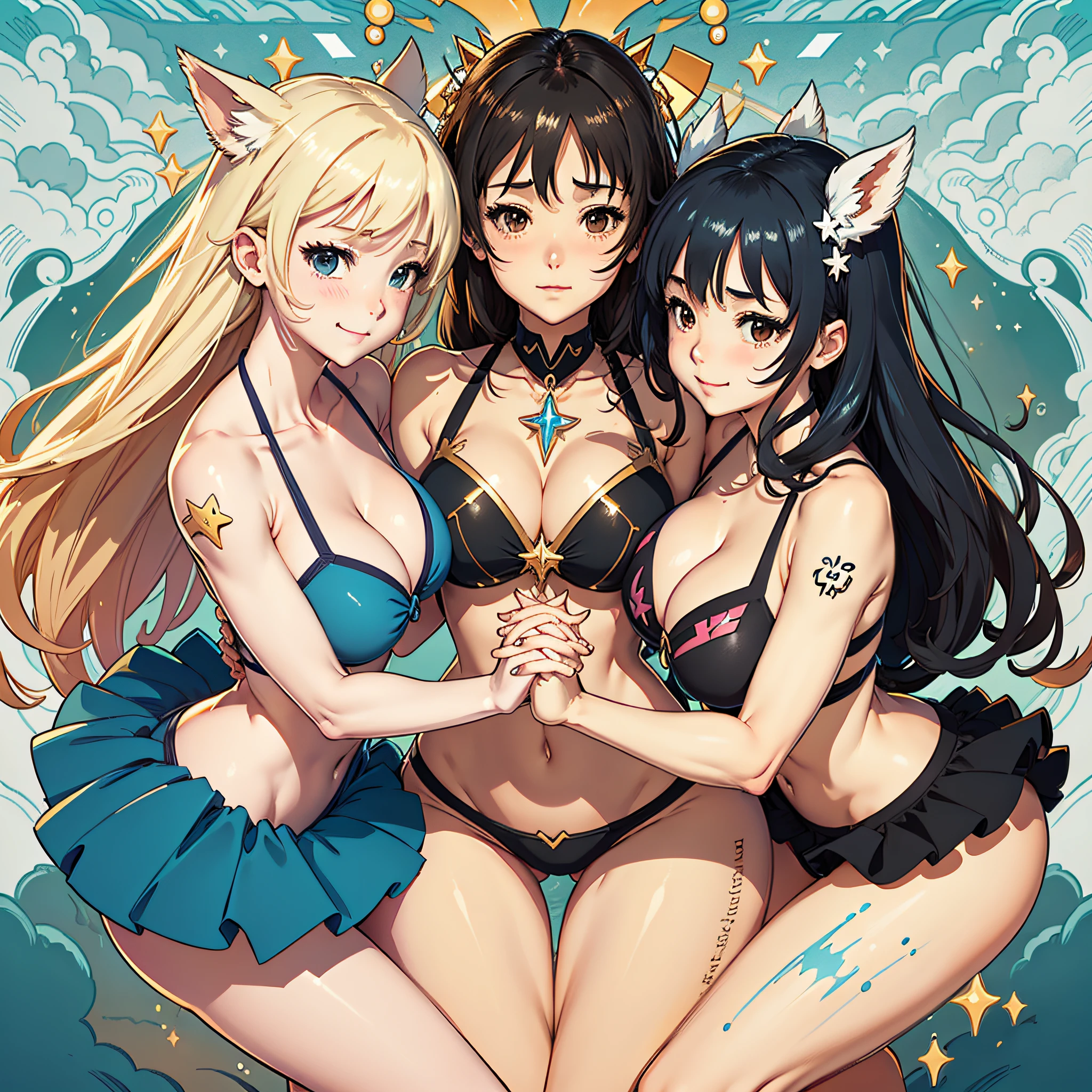 best quality, masterpiececomic, on the beach, sandbeach, multiple girls, mature female, magical girl, yuri, messy hair, huge breasts, big breasts, bikini, cute face, symmetrical docking, holding hands, Bare navel, full body, sisters, hug, smirk