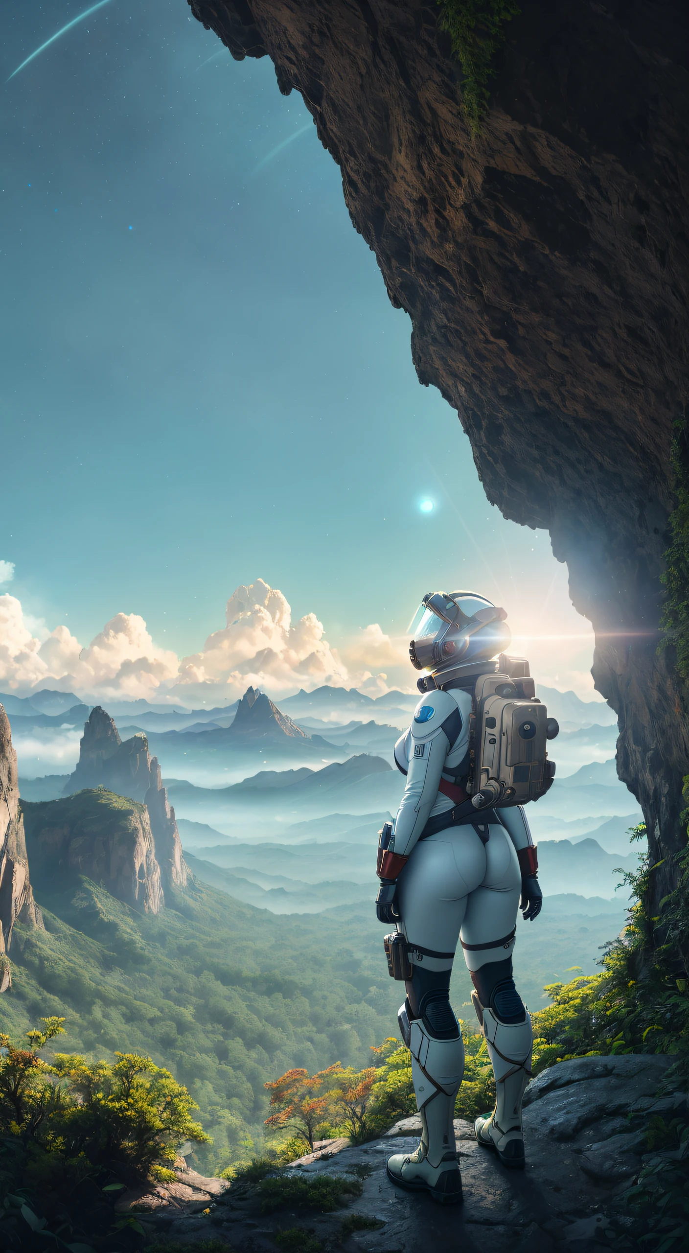 (35mmstyle:1.2), Highly detailed RAW color Photo, Rear Angle, Full Body, of (female space marine, wearing white and red space suit, futuristic helmet, tined face shield, rebreather, accentuated booty), outdoors, (standing on Precipice of tall rocky mountain, looking out at magical lush green rain forest on alien planet), vivid detail, (exotic alien planet), toned body, big butt, (sci-fi), (mountains:1.1), (lush green vegetation), (two moons in sky:0.8), (highly detailed, hyperdetailed, intricate), (lens flare:0.7), (bloom:0.7), particle effects, raytracing, cinematic lighting, shallow depth of field, photographed on a Sony a9 II, 35mm wide angle lens, sharp focus, cinematic film still from Gravity 2013, viewed from behind, dynamic angle