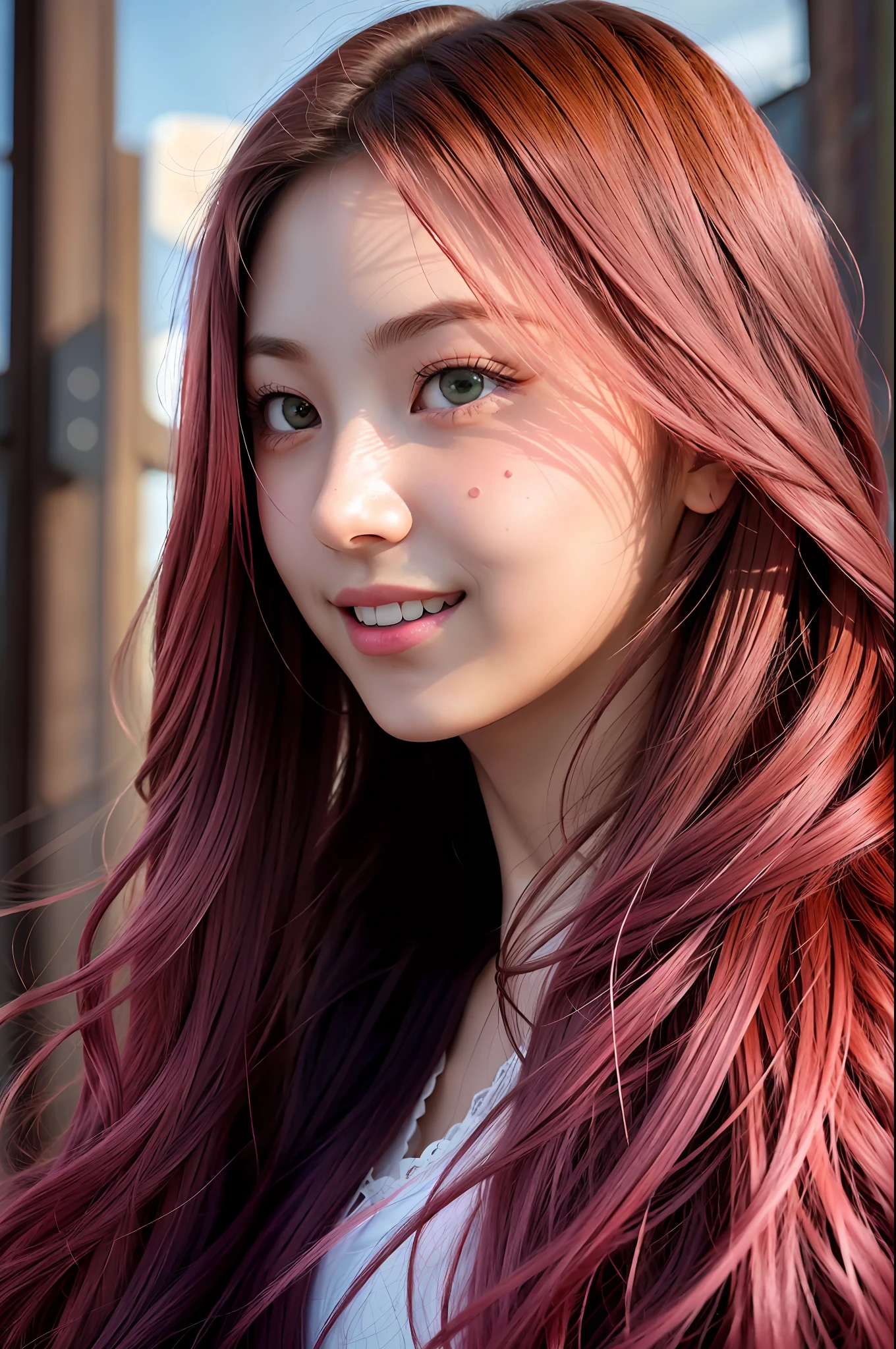 masterpiece, Best quality, Ultra detail, 8K RAW photos, Cinematic lights, Detailed shadows, RAW, (Detail skin), (Real:1.2), 1 girl, Japan girls, Double big beautiful eyes, Face, 18 years old, very long hair, Pink gradient hair, Dark brown eyes, Attractive smile