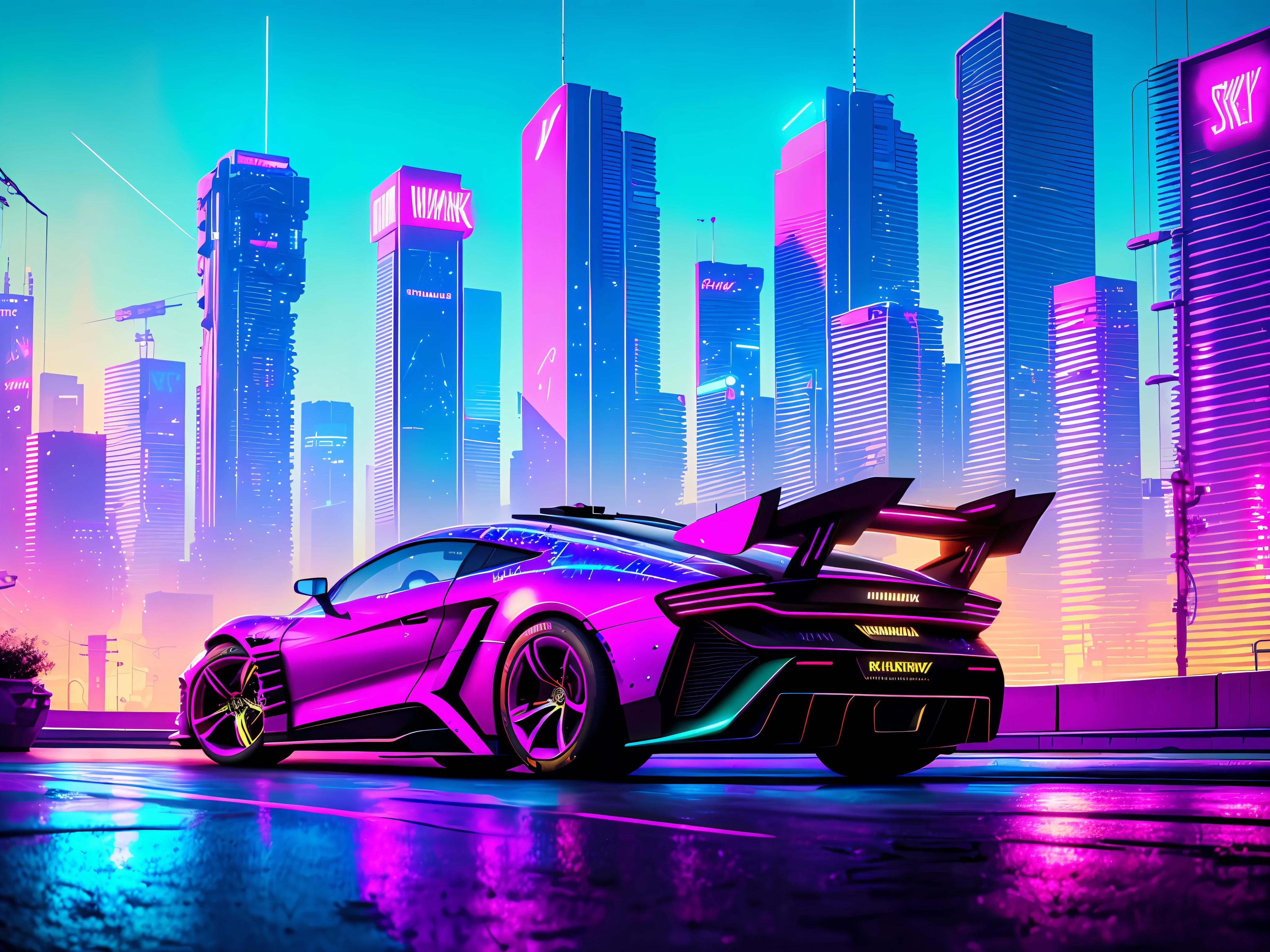 swpunk, synthwave, paint splatters, (extremely detailed 8k wallpaper), a medium shot photo of a futuristic concept car parked in an elaborate cyberpunk city, ray tracing, detailed reflections, Intricate, High Detail, dramatic, best quality masterpiece, photorealistic, detailed, 8k, HDR, backlighting, bloom, light sparkles, chromatic aberration, sharp focus