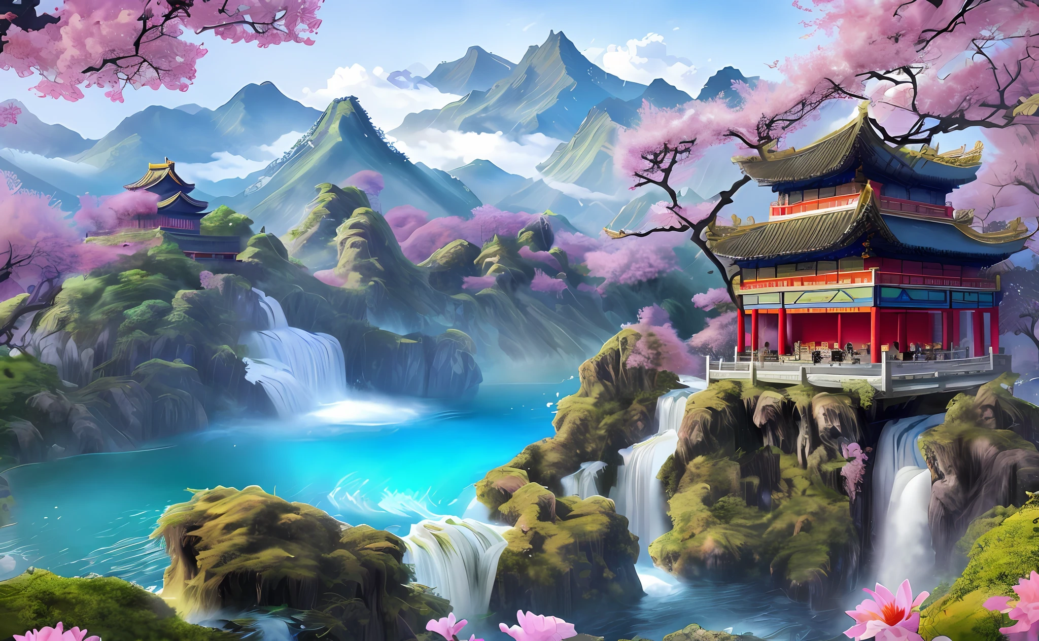 Chinese ancient buildings, castles in the sky, exquisite and fine, real, trees, mountains, water, sunlight, dreams, waterfalls, flowers, falling flowers, Xiuxian, online game fairy