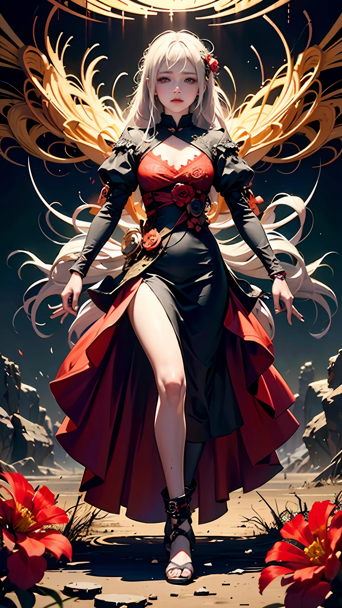 official art, unity 8k wallpaper, ultra detailed, beautiful and aesthetic, masterpiece, best quality, (zentangle, mandala, tangle, entangle), (fractal art:1.3) , 1girl, red flowers, extremely detailed, dynamic angle, cowboyshot, the most beautiful form of chaos, elegant, a brutalist designed, vivid colours, romanticism, by james jean, roby dwi antono, ross tran, francis bacon, michal mraz, adrian ghenie, petra cortright, gerhard richter, takato yamamoto, ashley wood, atmospheric