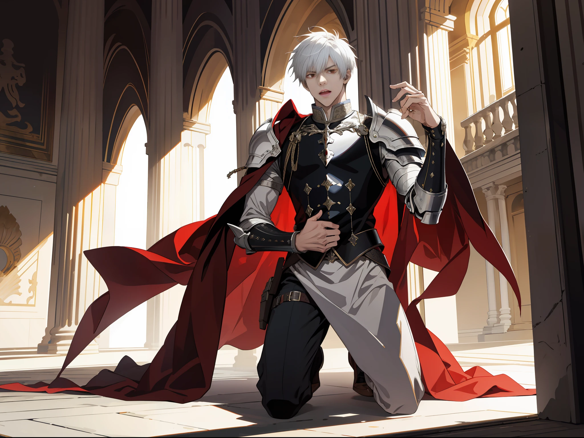 (ridiculous, high resolution, super detailed), full body, 1 male, adult, tall, in armor, red eyes, evil charm, short hair on white back, in the palace, (surprised), open mouth, (kneeling on one knee),