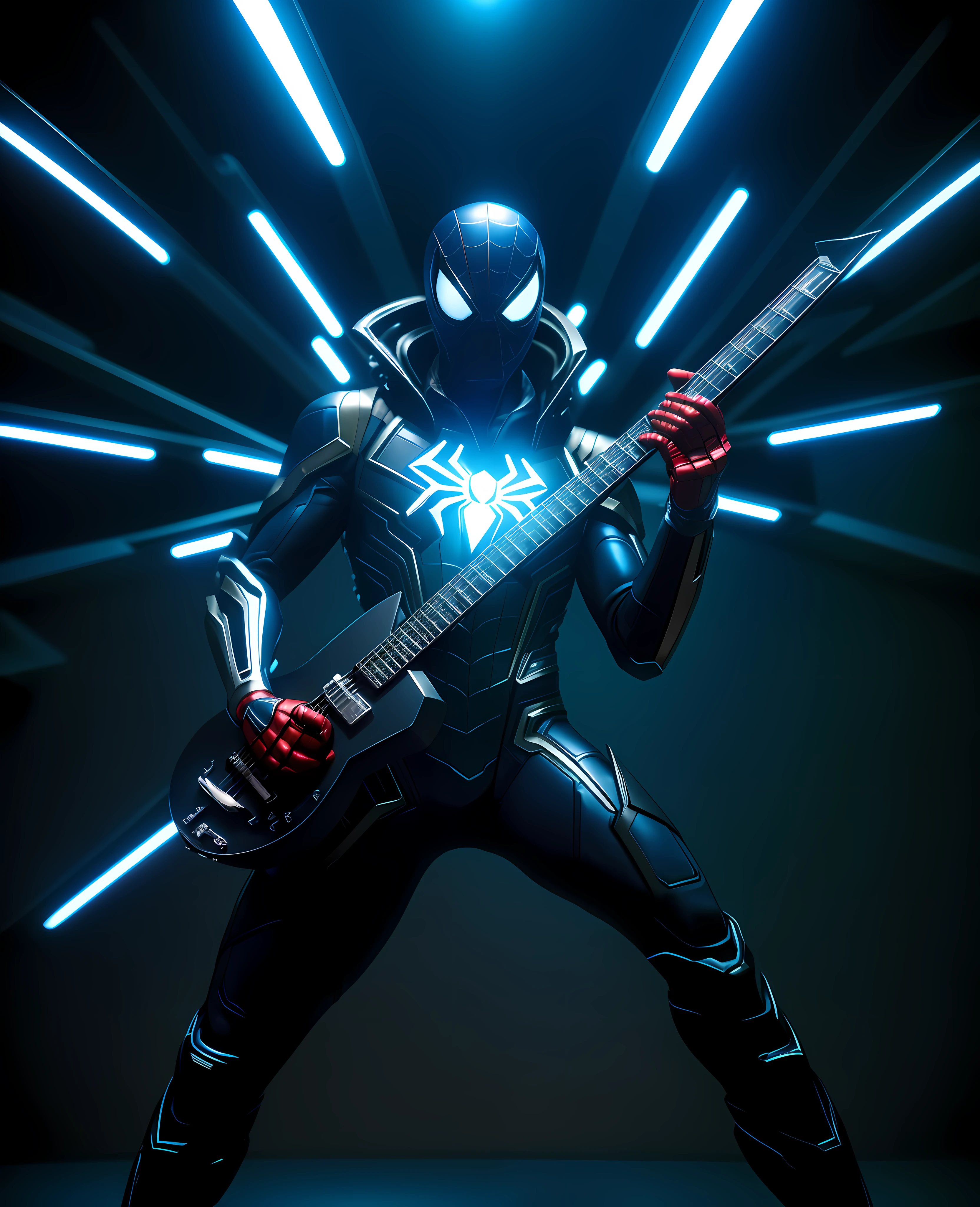 futuristic spider-man masterpiece, playing futuristic guitar,(playing futuristic guitar), best quality, 8k, spider man fantasy painting, cyborg, warframe style, black gold, ultra detailed, ambient light, volumetric lighting, (dark night:1.4) mars mountain, light reflection, reflective lighting, sharp focus,perfect and detailed hands, heavy metal metal pose, focus on face and guitar