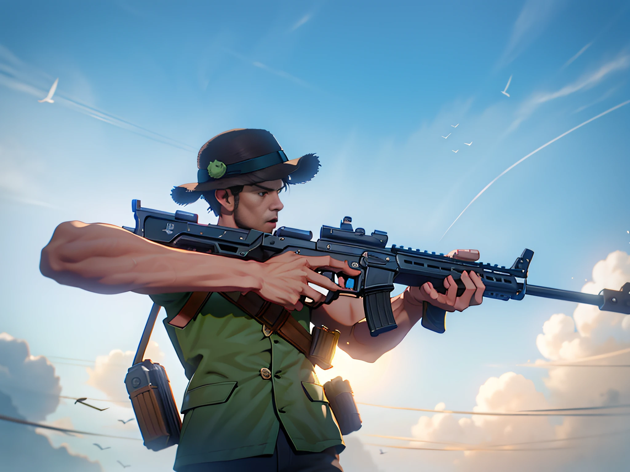 there is a man holding a gun and wearing a straw hat, with rifle, holding rifle, holding ar-15, with rifle in hands, with pistol, holding a rifle, handling riffle on chest, wielding assault rifle, grabbing a rifle, pointing a pistol at us, shooting pose, holding a weapon, holding gun, top shot